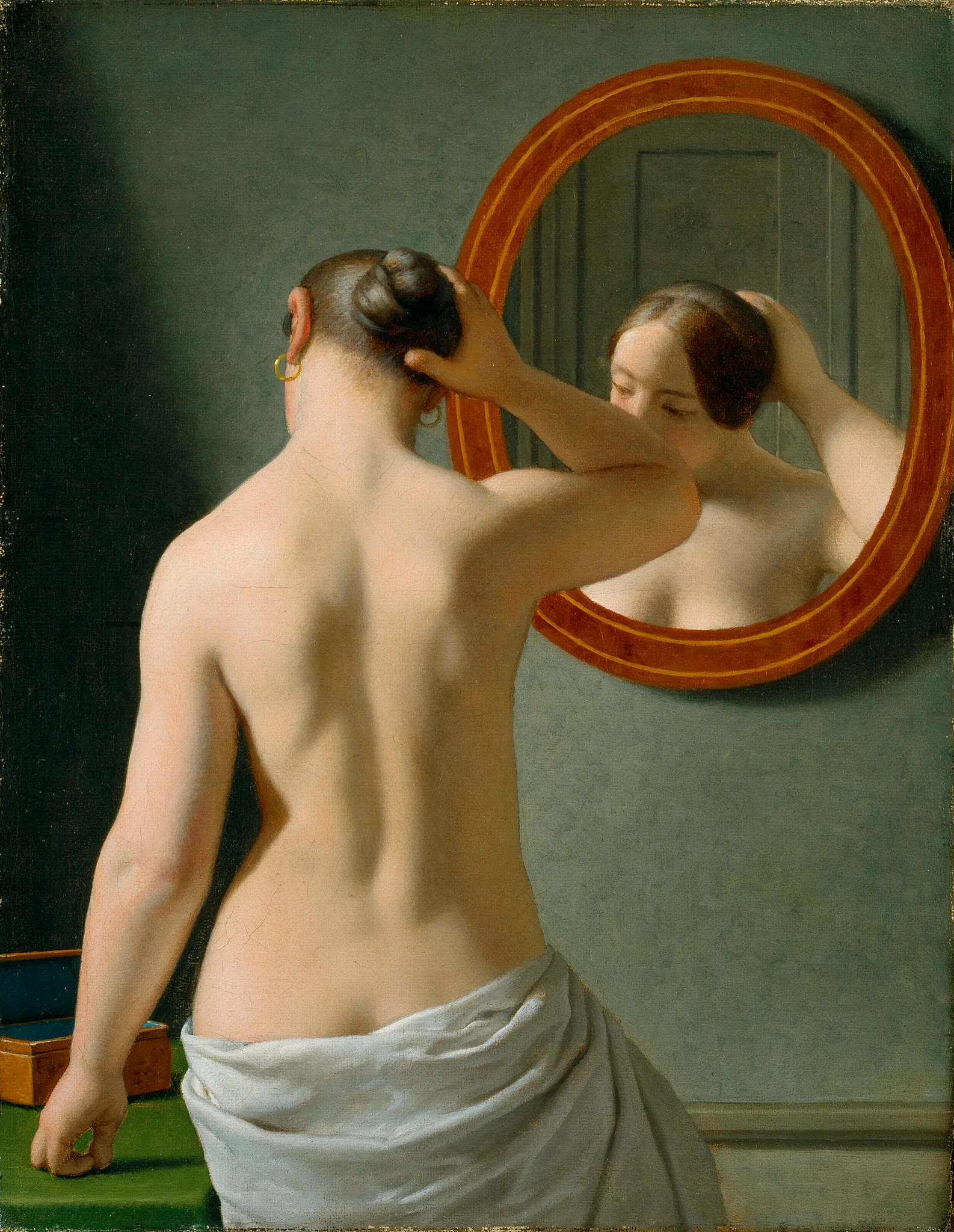 A nude woman doing her hair before a mirror, by http://viaf.org/viaf/56884667, 1841
