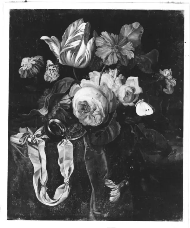 Flower still life with a watch on a partly draped marble ledge