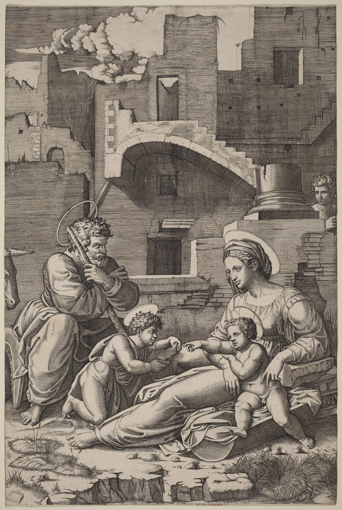 The Holy Family with the Young Saint John the Baptist (The Madonna of the Long Thigh), by Marcantonio Raimondi, ink, 1518