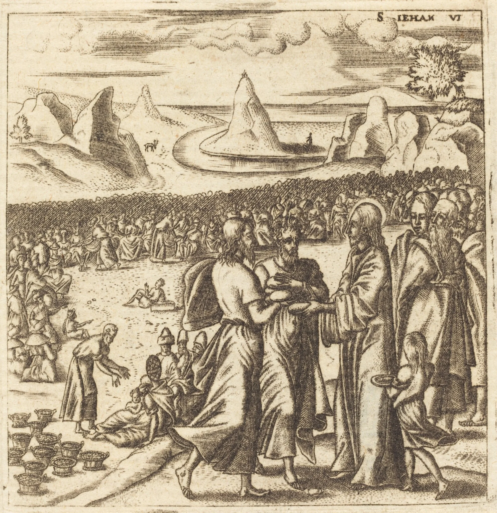 The Miracle of the Loaves and the Fishes, by Léonard Gaultier, ink, 1576