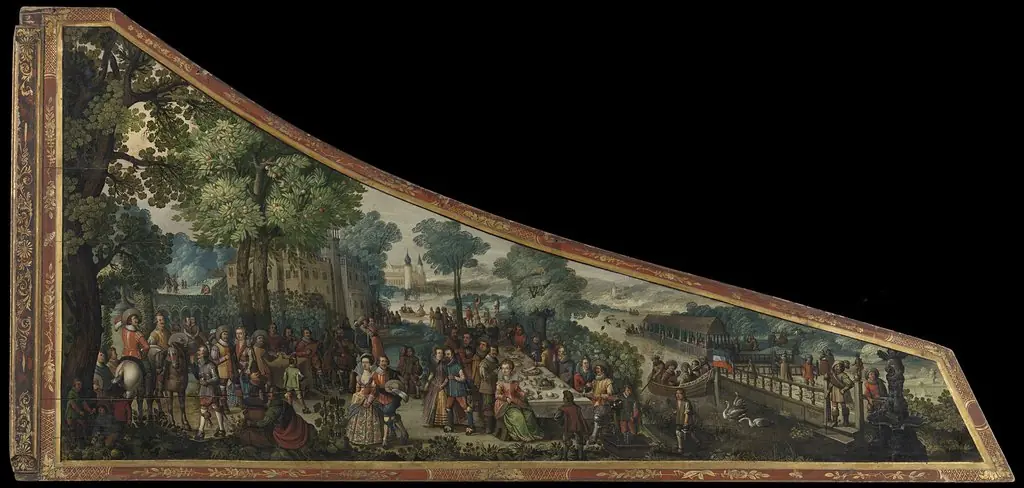 A painting on a harpsichord lid with a party by a river