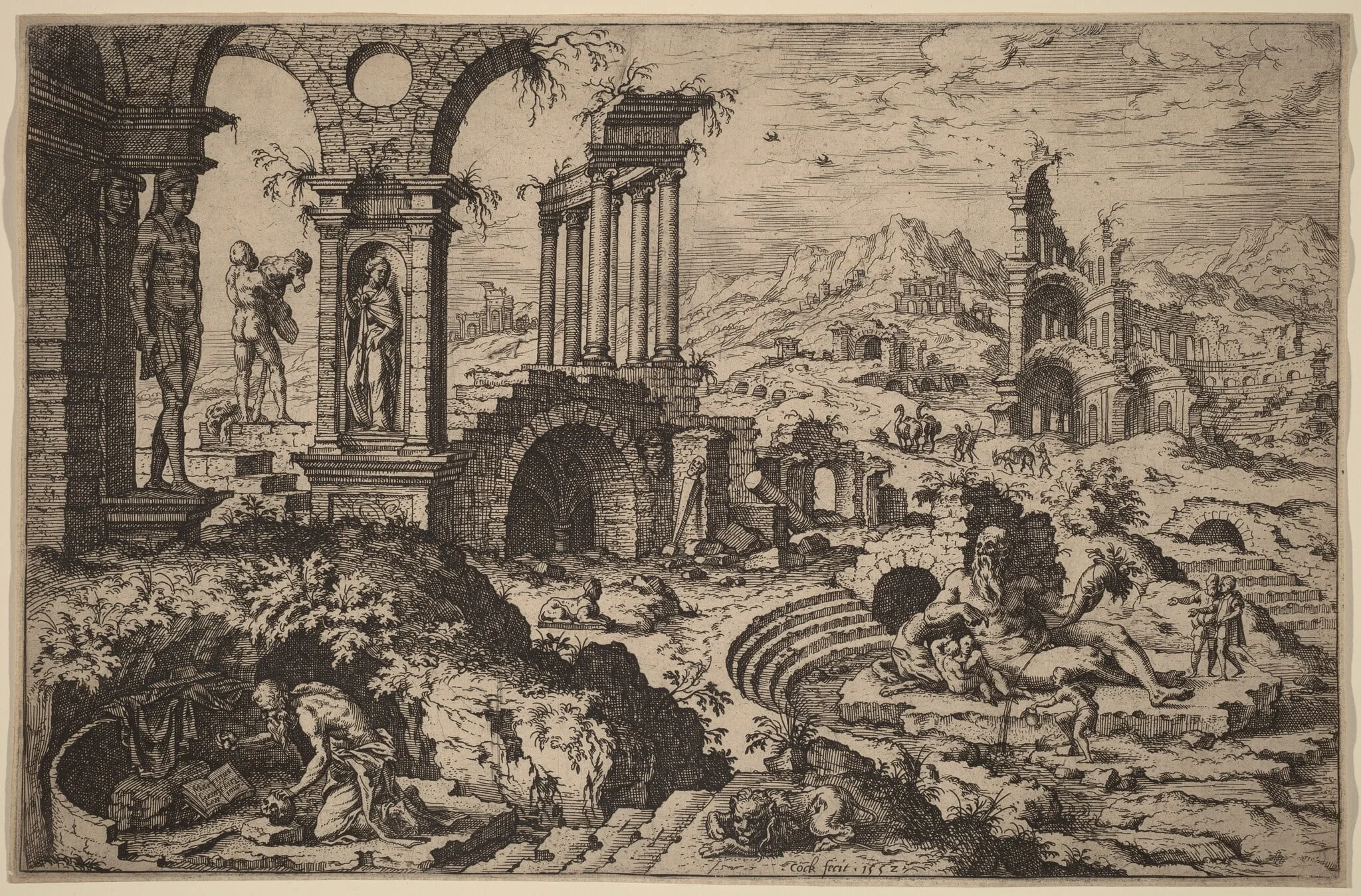 Saint Jerome in a Landscape with Ruins, by Hieronymus Cock, ink, 1552