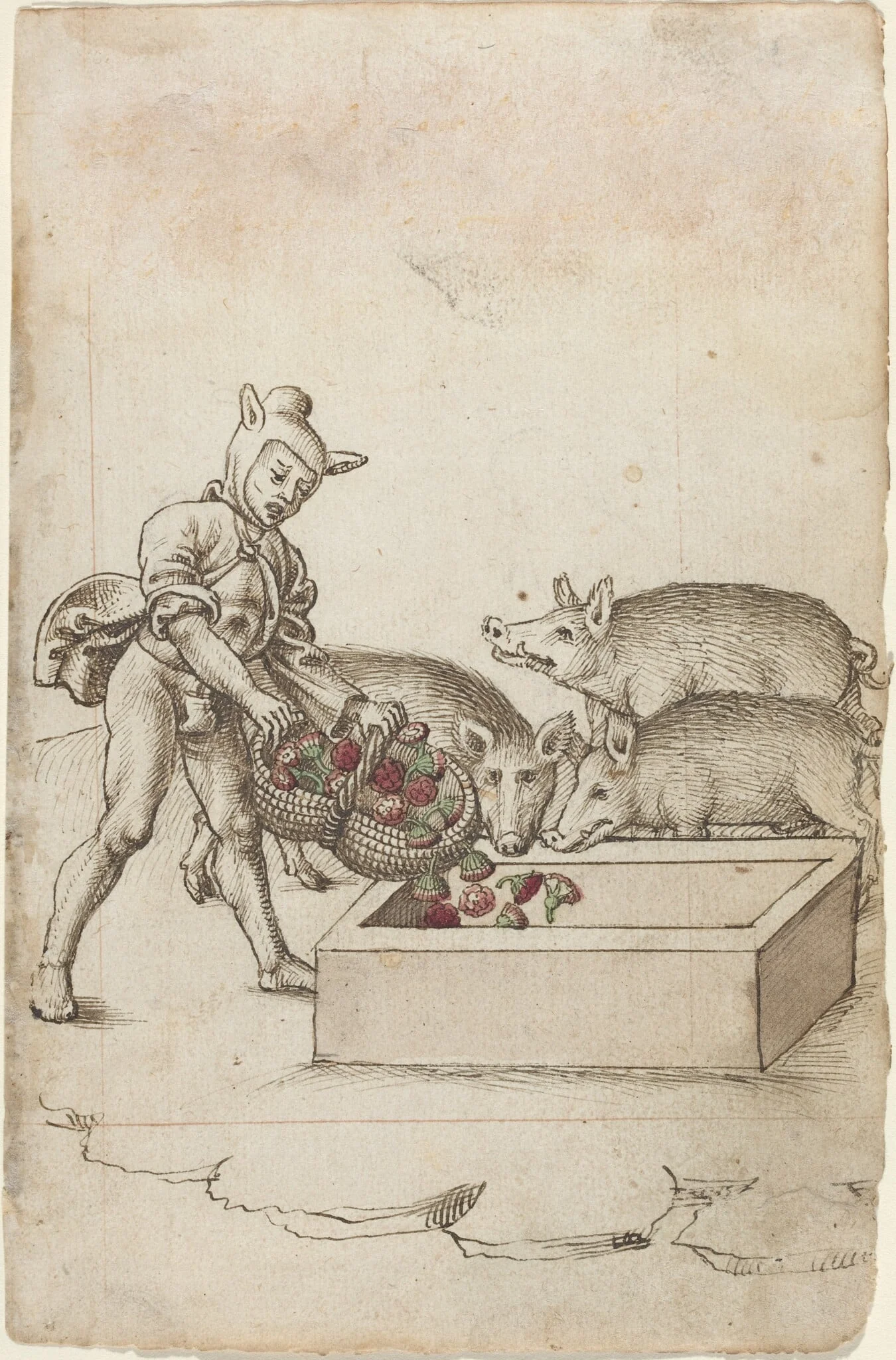 A Fool Feeding Flowers to Swine [fol. 42 recto], by French early 16th Century, ink, 1514
