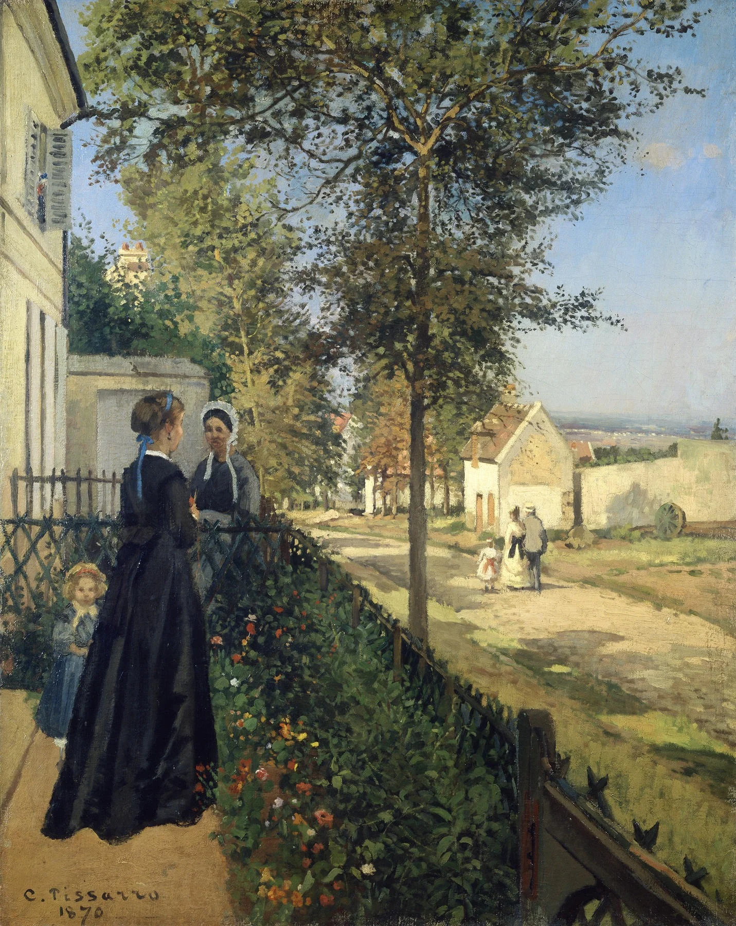 The Conversation, Louveciennes, by Camille Pissarro, oil, 1870
