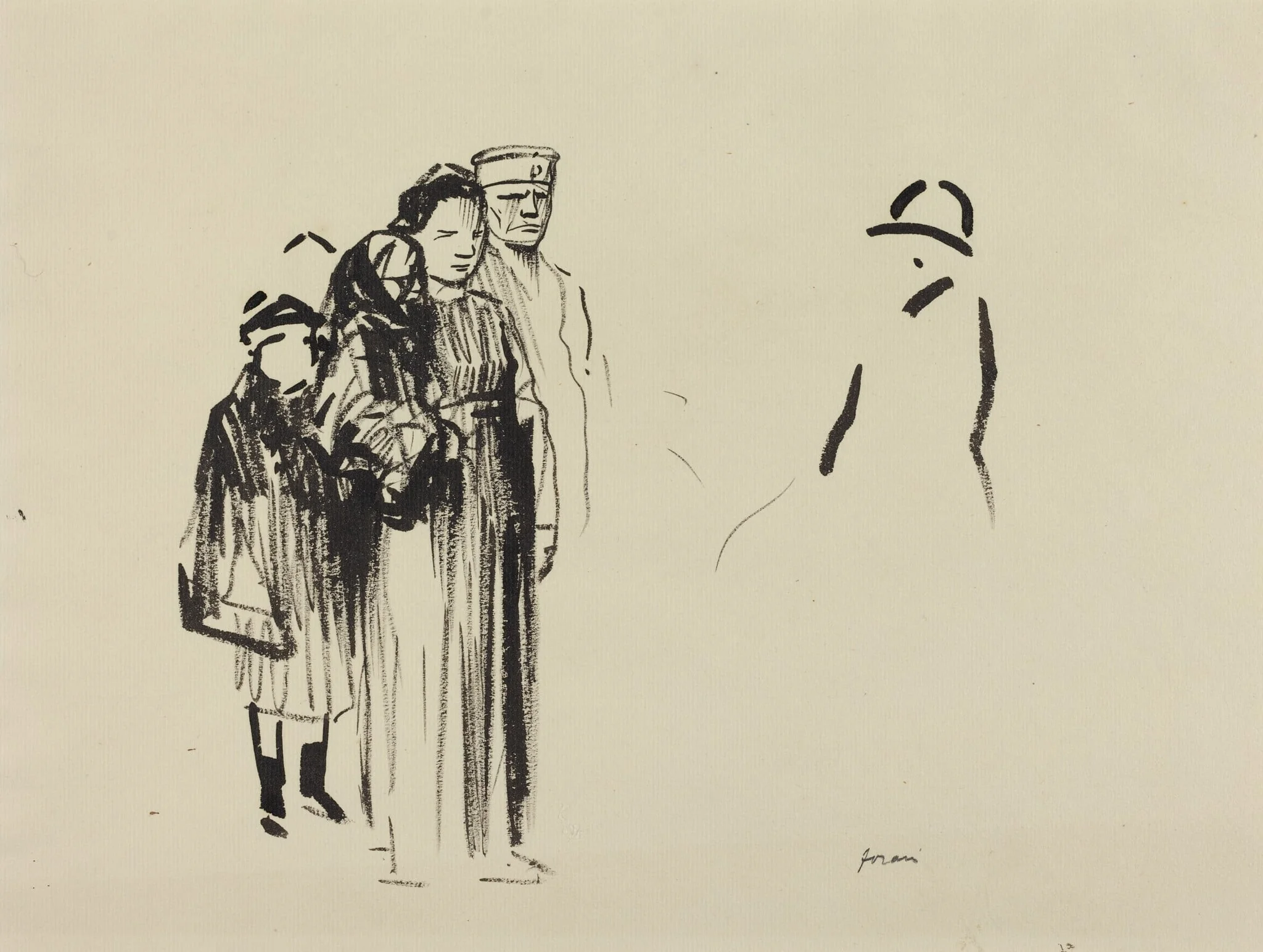 Woman and Two Children with German Soldiers, by Jean-Louis Forain, ink, 1916