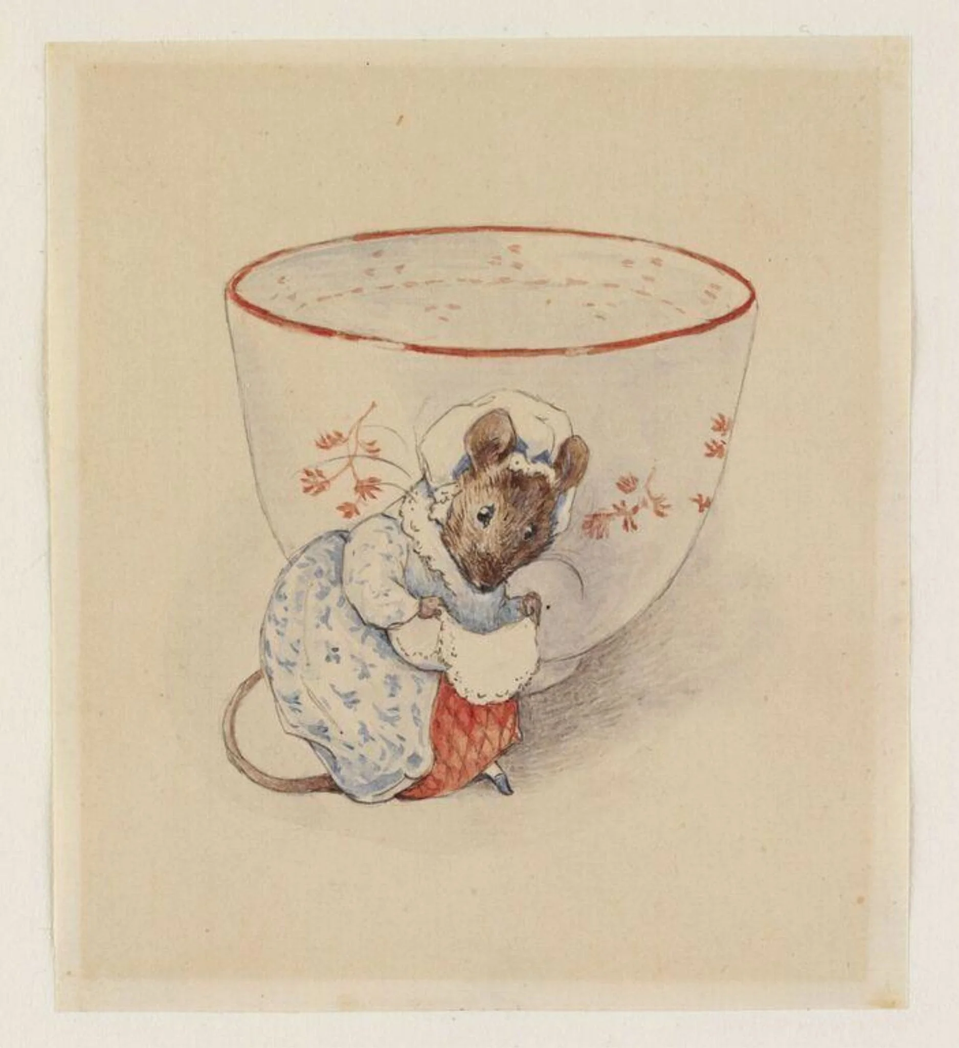 Lady mouse curtseying beside a tea-cup, by Beatrix Potter, watercolor, 1903