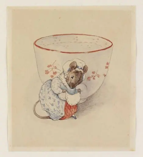 Lady mouse curtseying beside a tea-cup