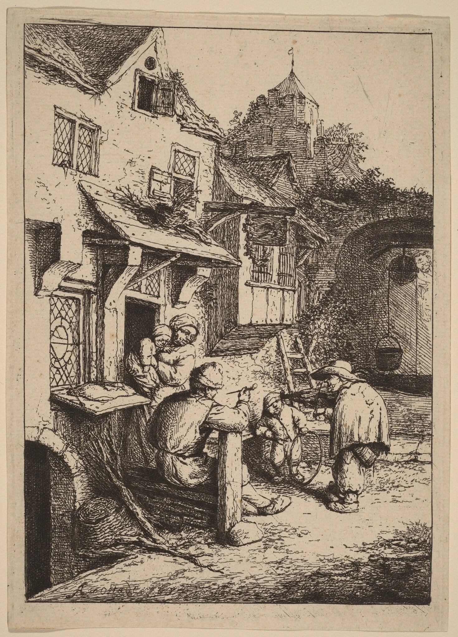 Peasant Family Entertained by a Fiddler with a Hunchback, by Adriaen van Ostade, ink, 1652