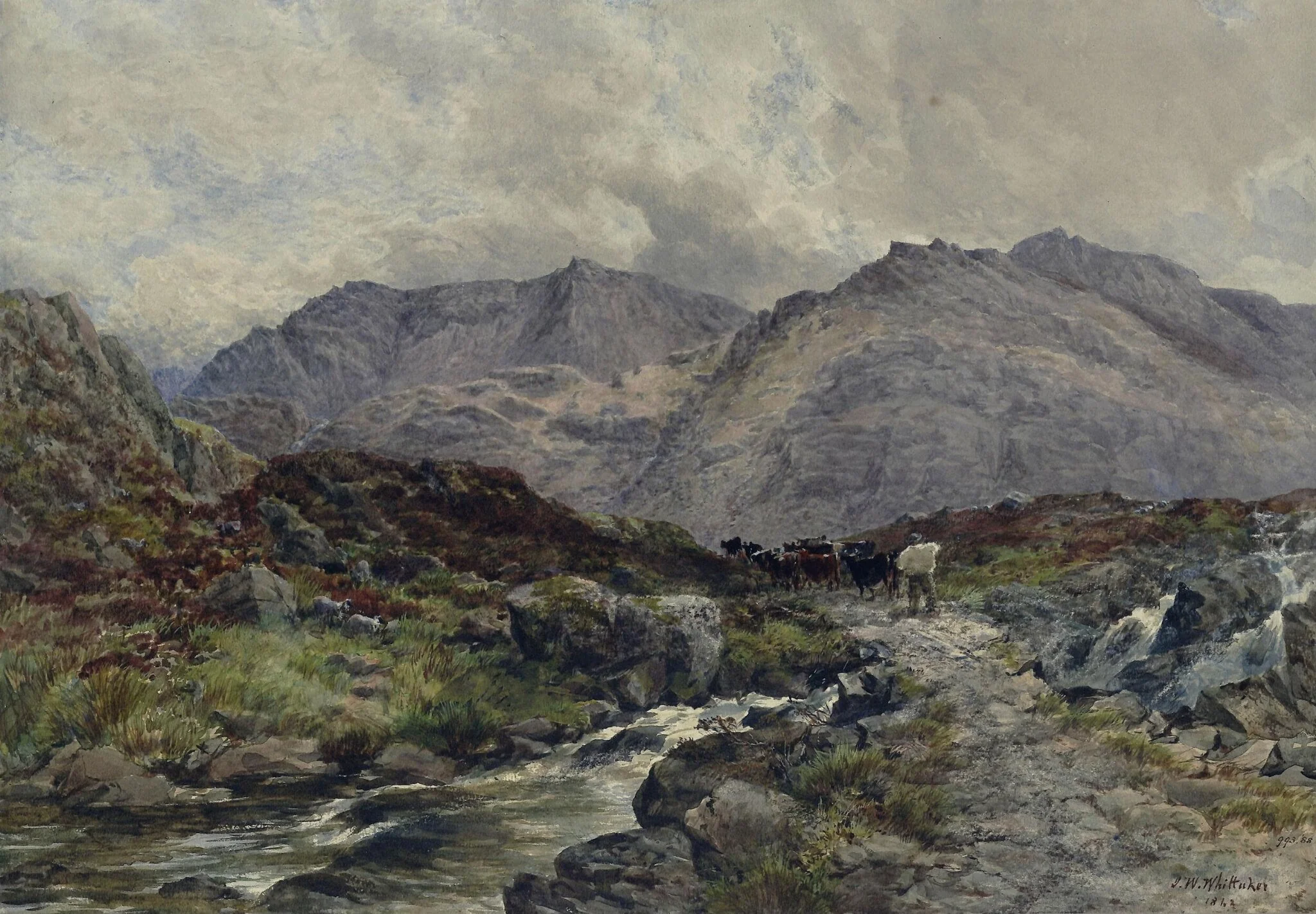 Mountain scene in North Wales with stream and cattle, by James William Whittaker, watercolor, 1862