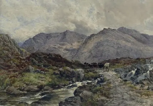 Mountain scene in North Wales with stream and cattle
