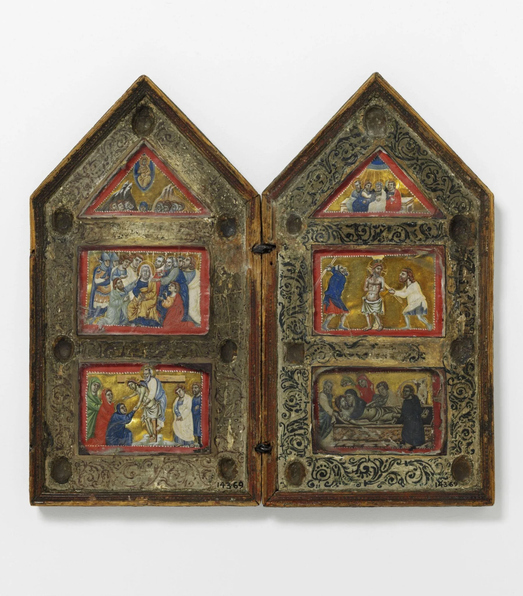 The Mocking of Christ, The Scourging, The Deposition, The Entombment, The Ascension, Pentecost (diptych with miniatures behind crystal), by Unknown, paint, 1325