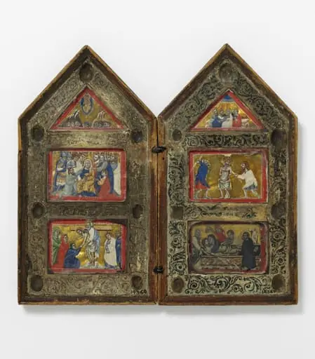 The Mocking of Christ, The Scourging, The Deposition, The Entombment, The Ascension, Pentecost (diptych with miniatures behind crystal)