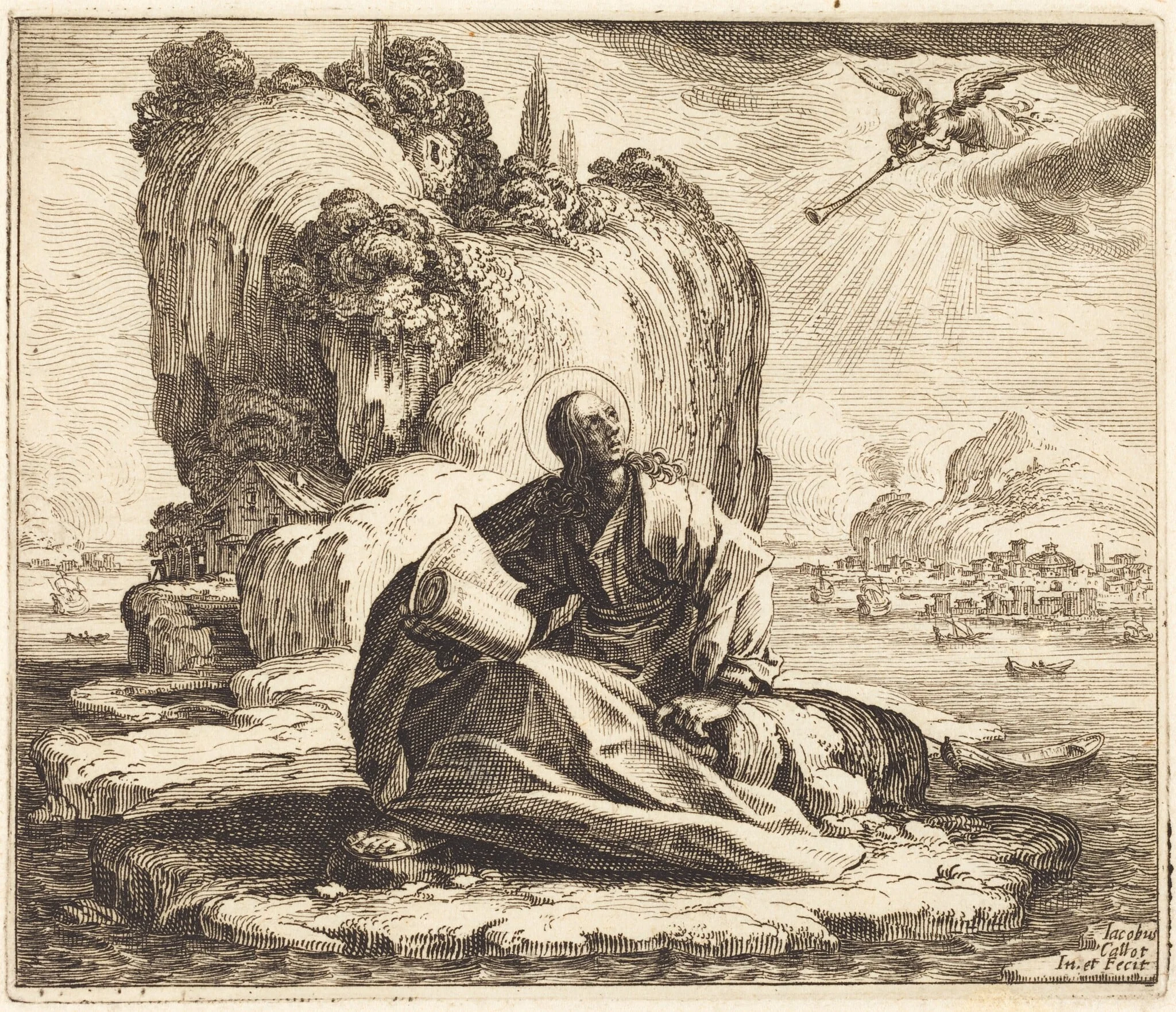 Saint John on the Isle of Patmos, by Jacques Callot, ink, 1625