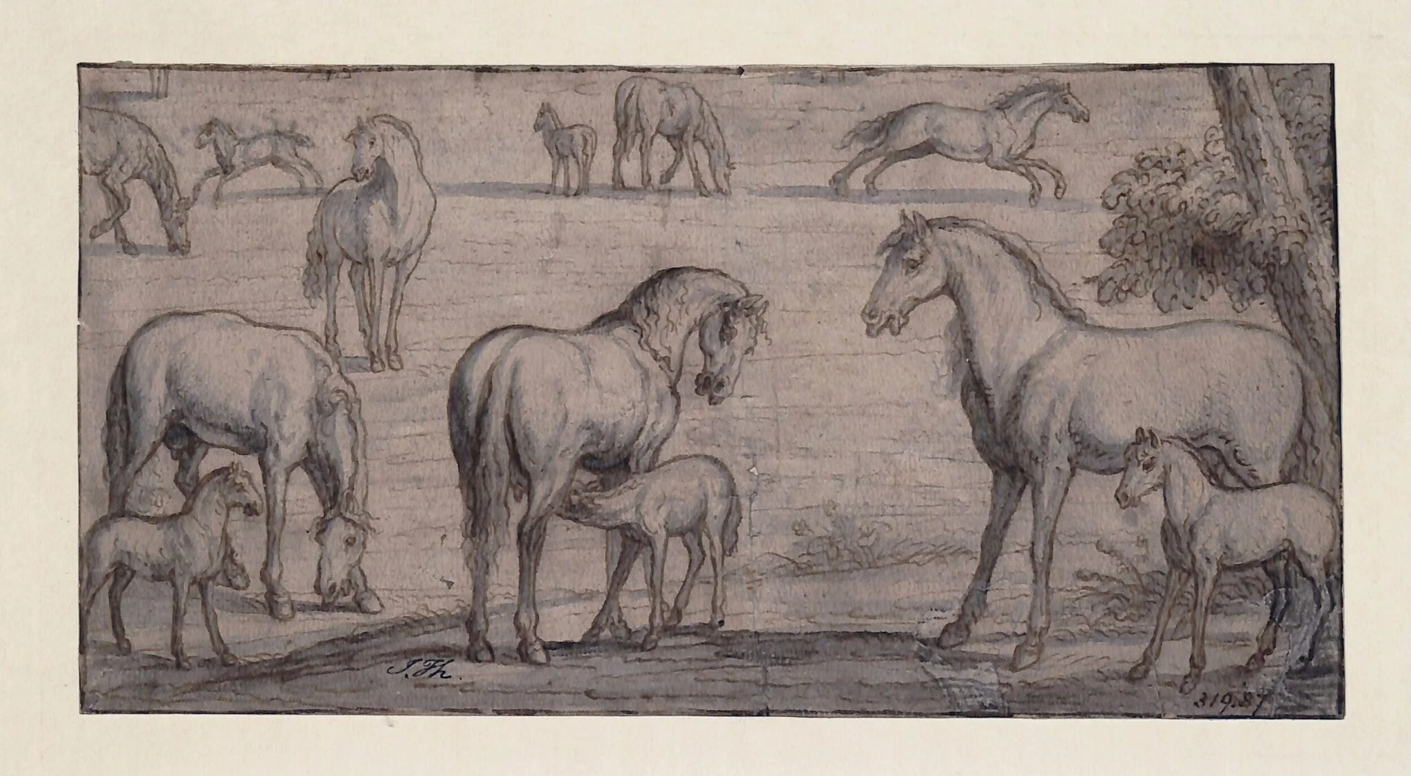 Mares and Foals, by Unknown, watercolor, 1850