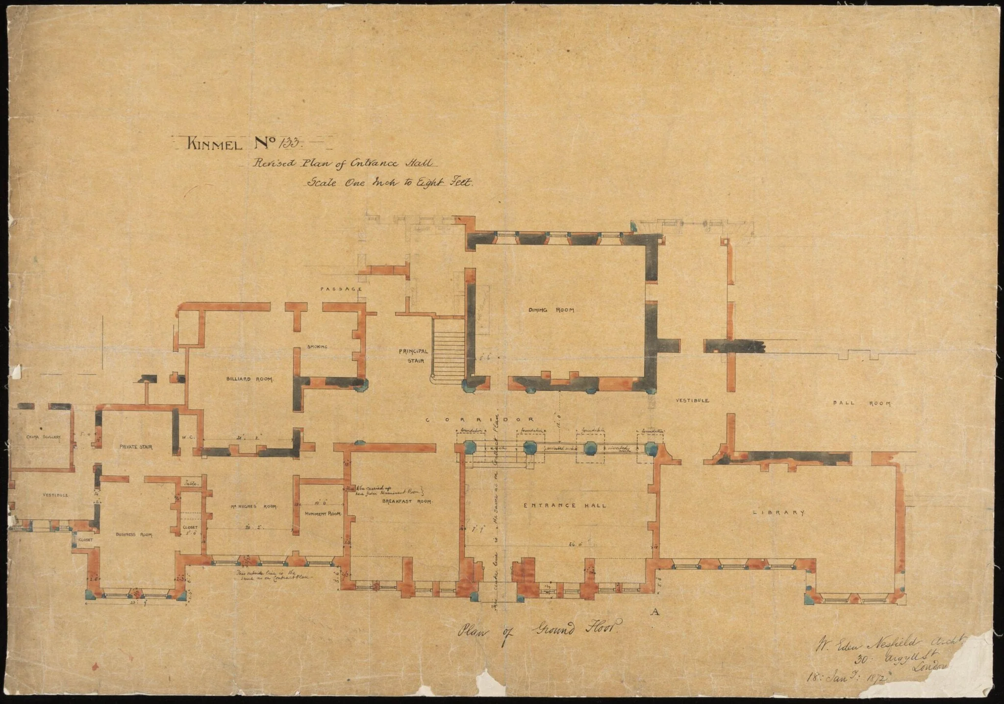 Kinmel Hall, drawing no. 133, revised plan for entrance hall, by William Eden Nesfield, 10