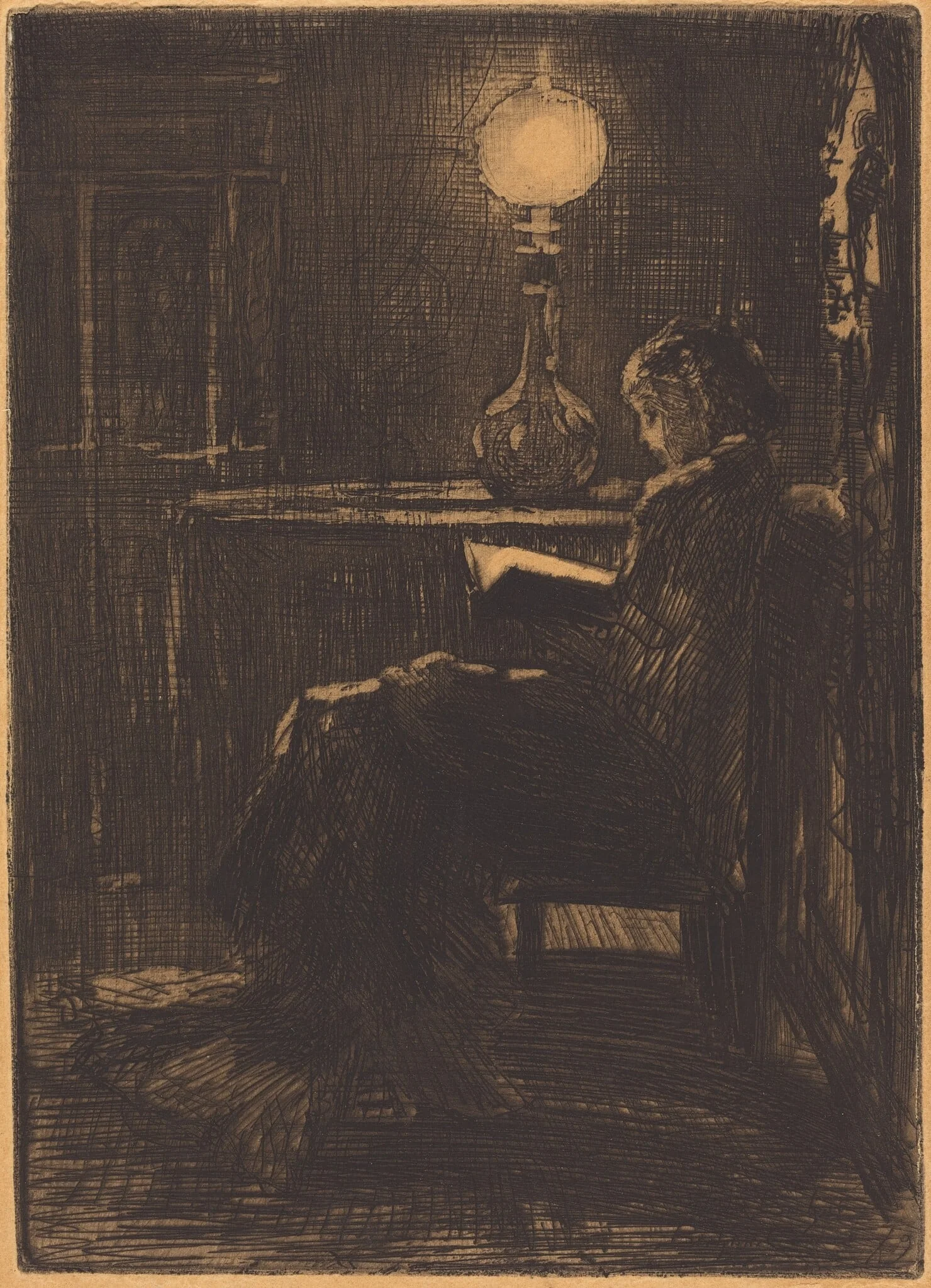 Liseuse à la Lampe (Woman Reading by Lamplight), by Félix-Hilaire Buhot, ink, 1879