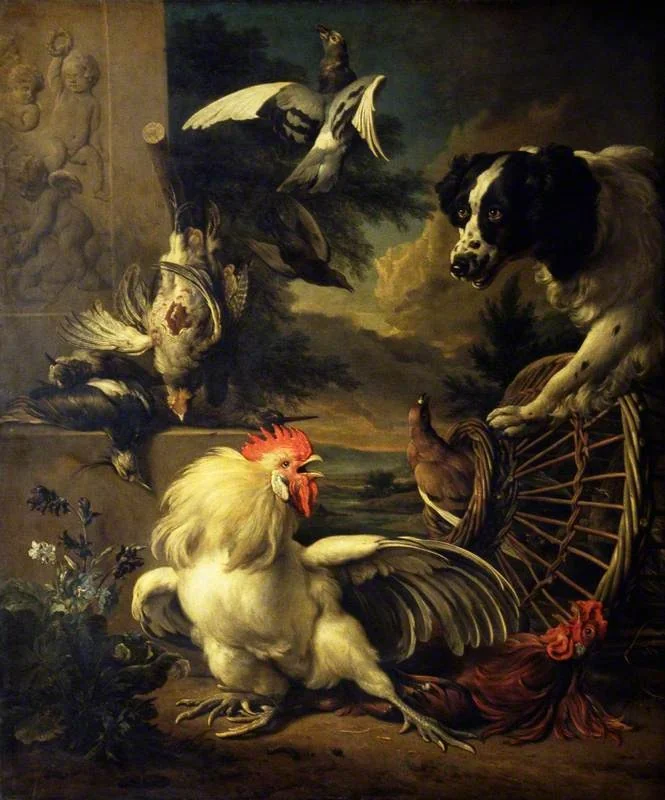 The Intruder: Dead Game, Live Poultry and a Dog, by Jan Weenix, oil, 1710