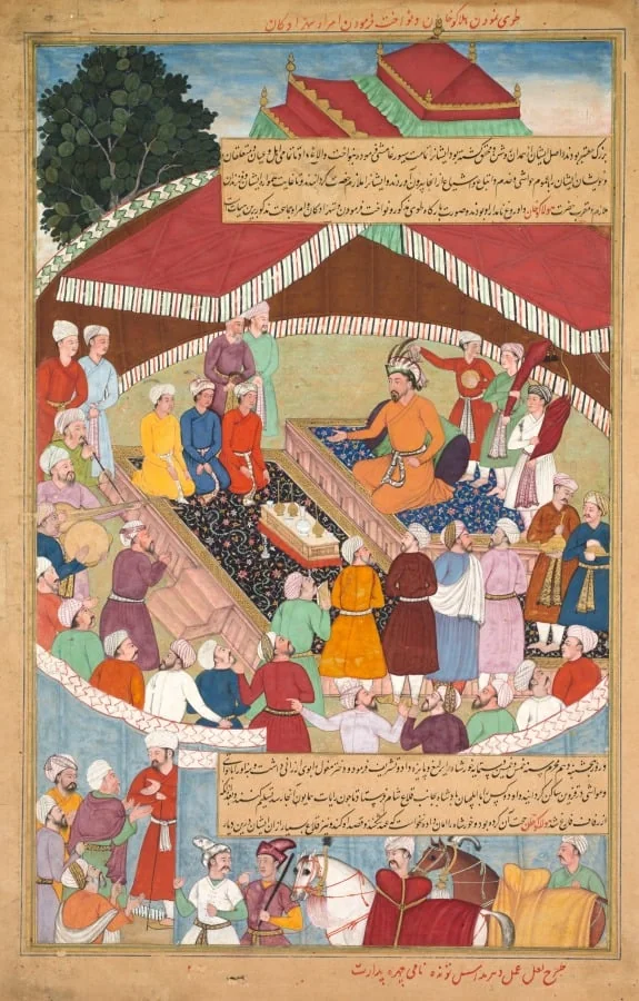 Hulagu Khan giving a feast and dispensing favor upon the amirs and princes, from a Chingiz-nama (Book of Chingiz Khan) of the Jami al-tavarikh (Compendium of Chronicles), by Lal, unspecified, 1598