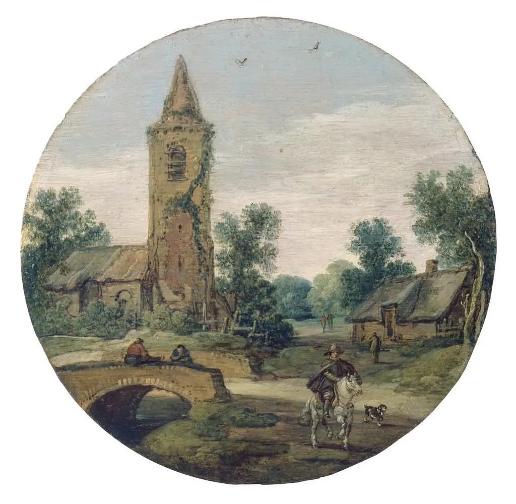 Dorfszene mit Brücke und Kirche