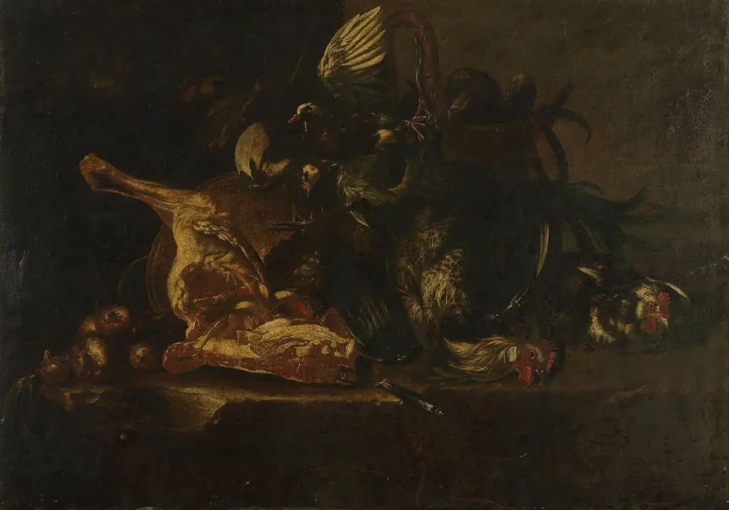 Still life with meat and dead birds