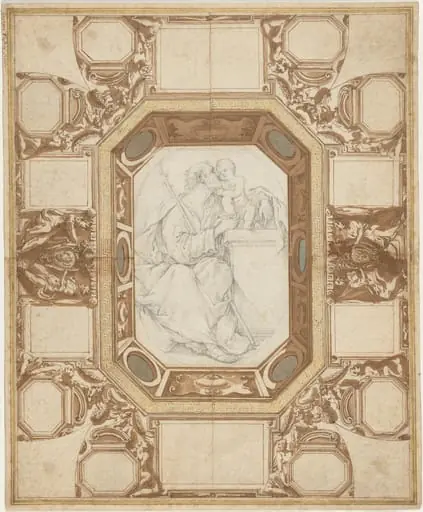 Ceiling with Allegorical Figures and the Arms of Pope Sixtus V (Guerra's outer drawing); Saint Joseph and the Christ Child (Viani's central drawing)