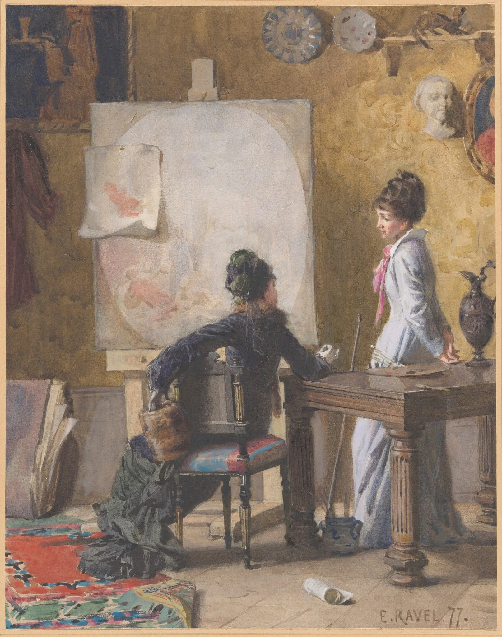 Adéle de Saussure and Marie-Louise Ravel, the Artist's Wife, in His Studio