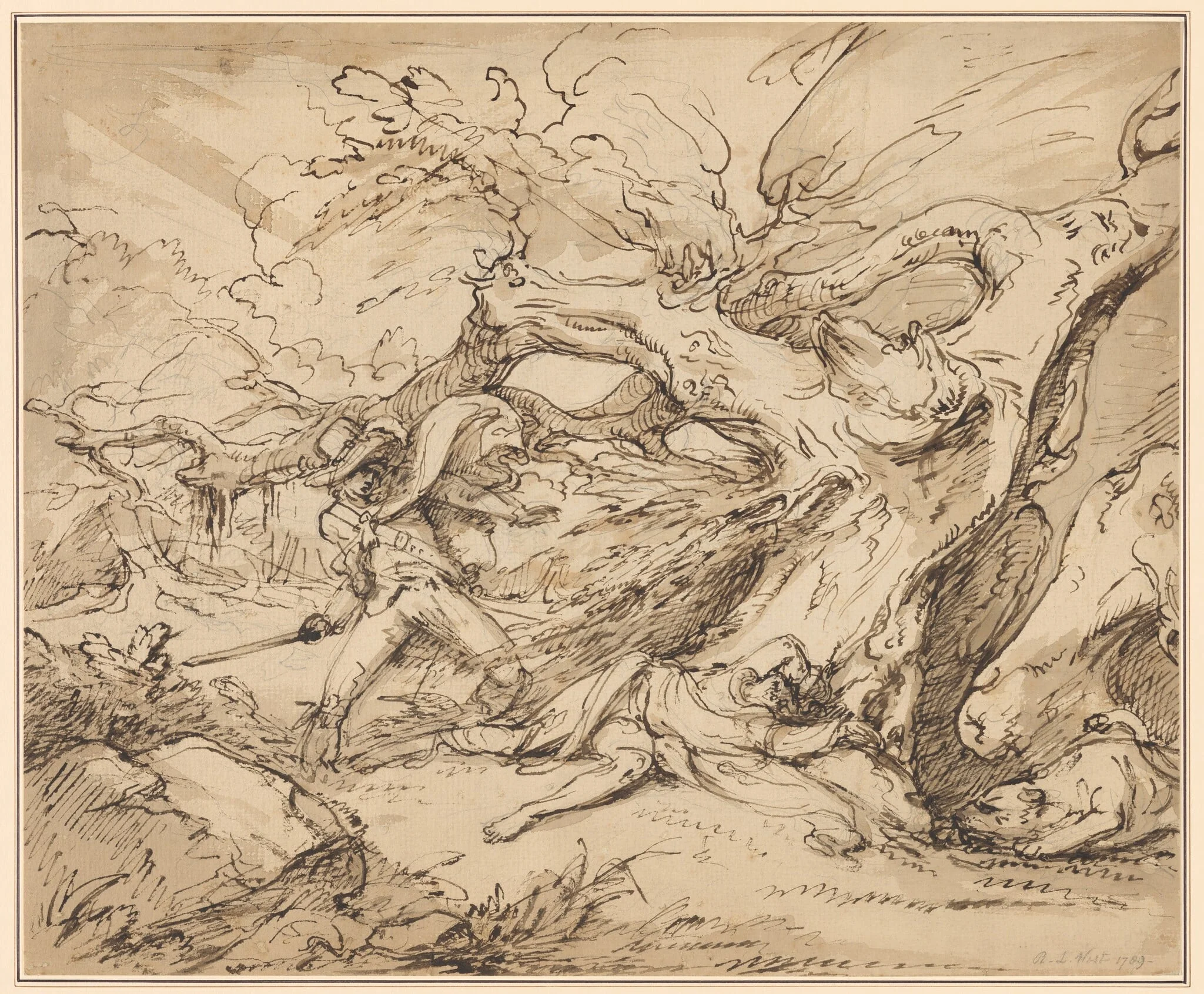 Orlando Rescuing Oliver from the Lion, by Raphael Lamar West, ink, 1789