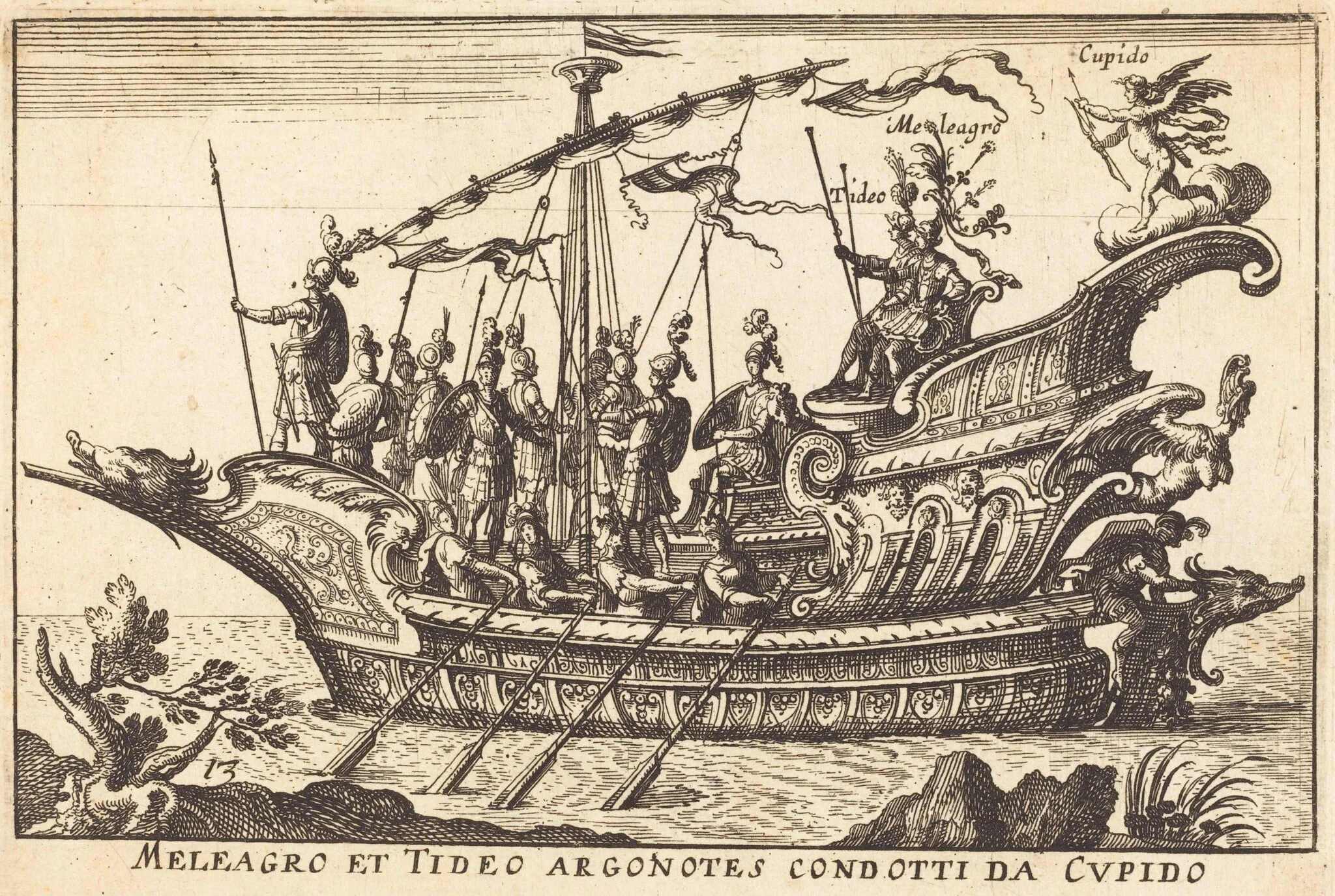 Meleagro et Tideo Argonotes condotti da Cupido, by Balthasar Moncornet, ink, 1634