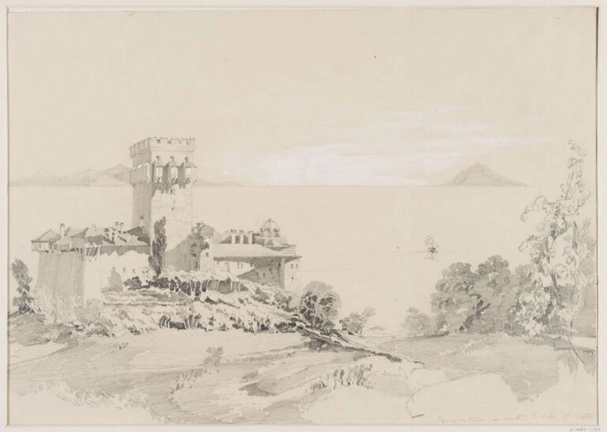 Stavronikéta, on the E. side of Athos; I<sup>s</sup> of Thasos &amp; Samothrace in the distance, by Unknown, 1850