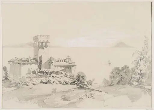 Stavronikéta, on the E. side of Athos; I<sup>s</sup> of Thasos &amp; Samothrace in the distance