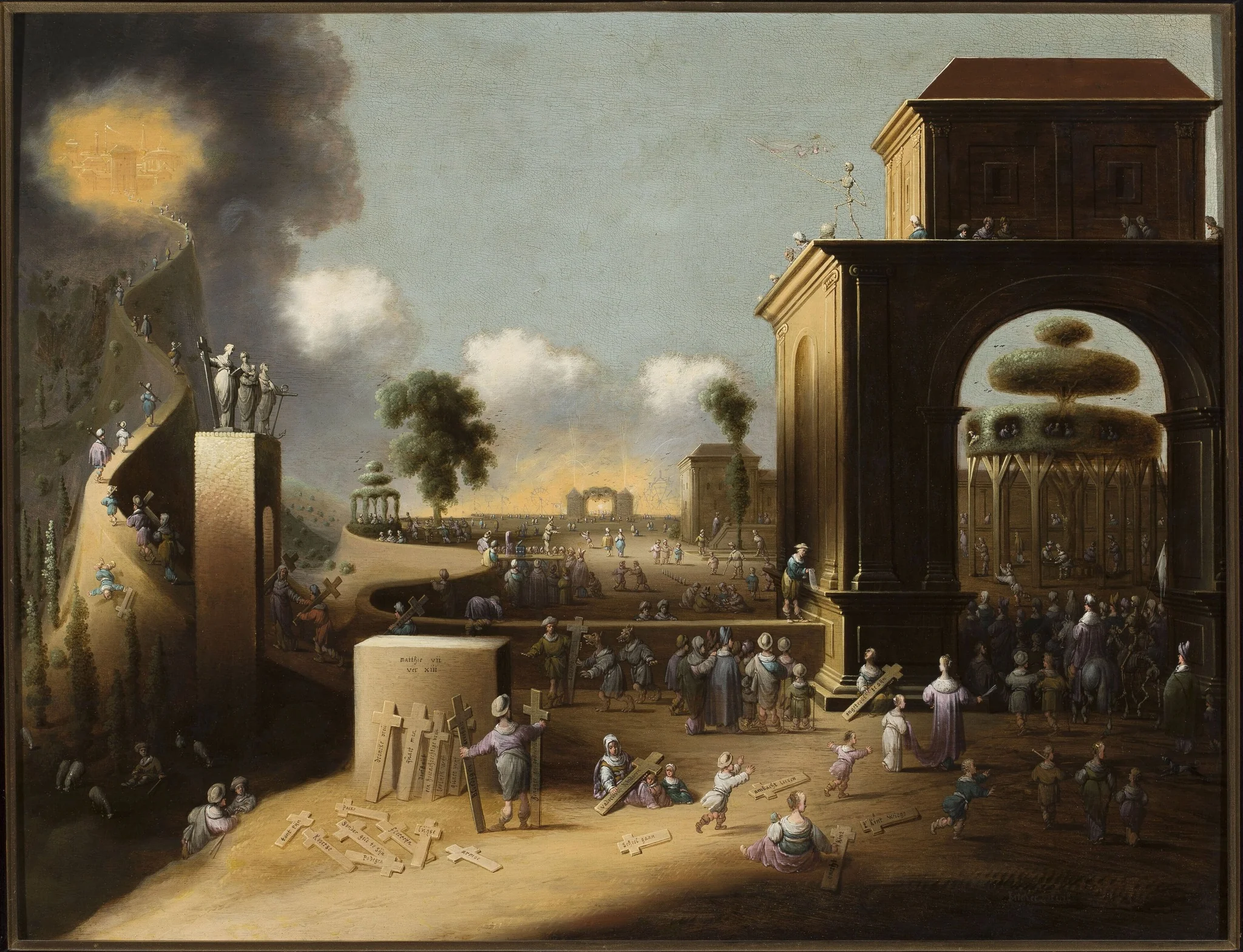 Narrow road of virtue and wide road of sin (Matthew 7:13-14), by Jan Micker, oil, 1641
