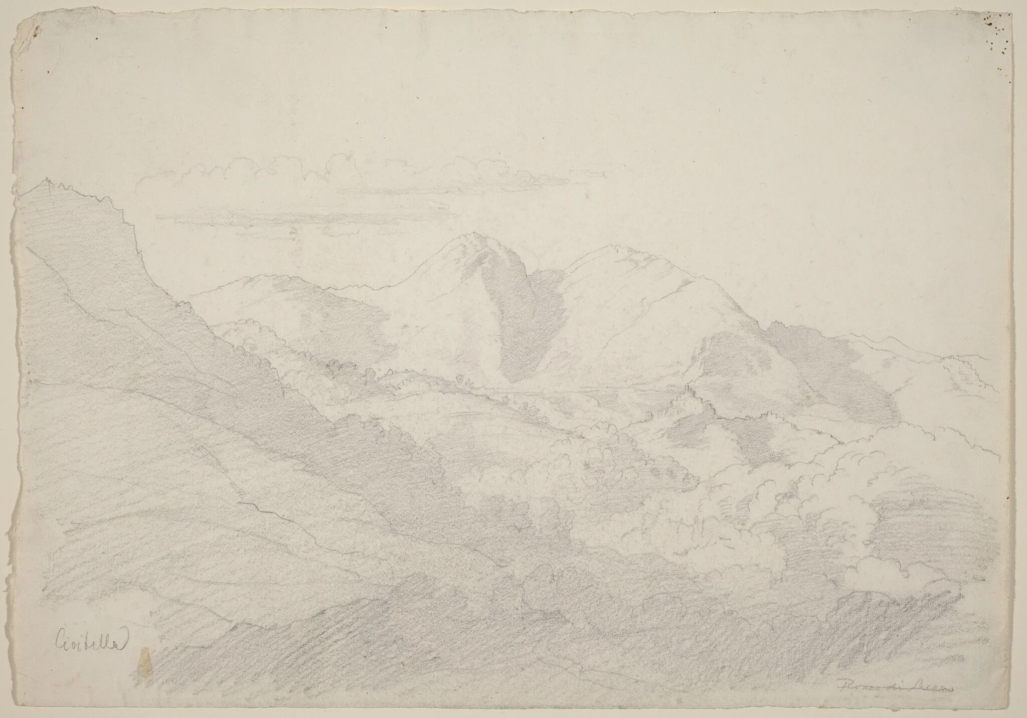 The Sabine Hills and Rocca Santo Stefano Seen from Civitella, by Ludwig Richter, graphite, 1824