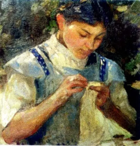 Fetiță cusând