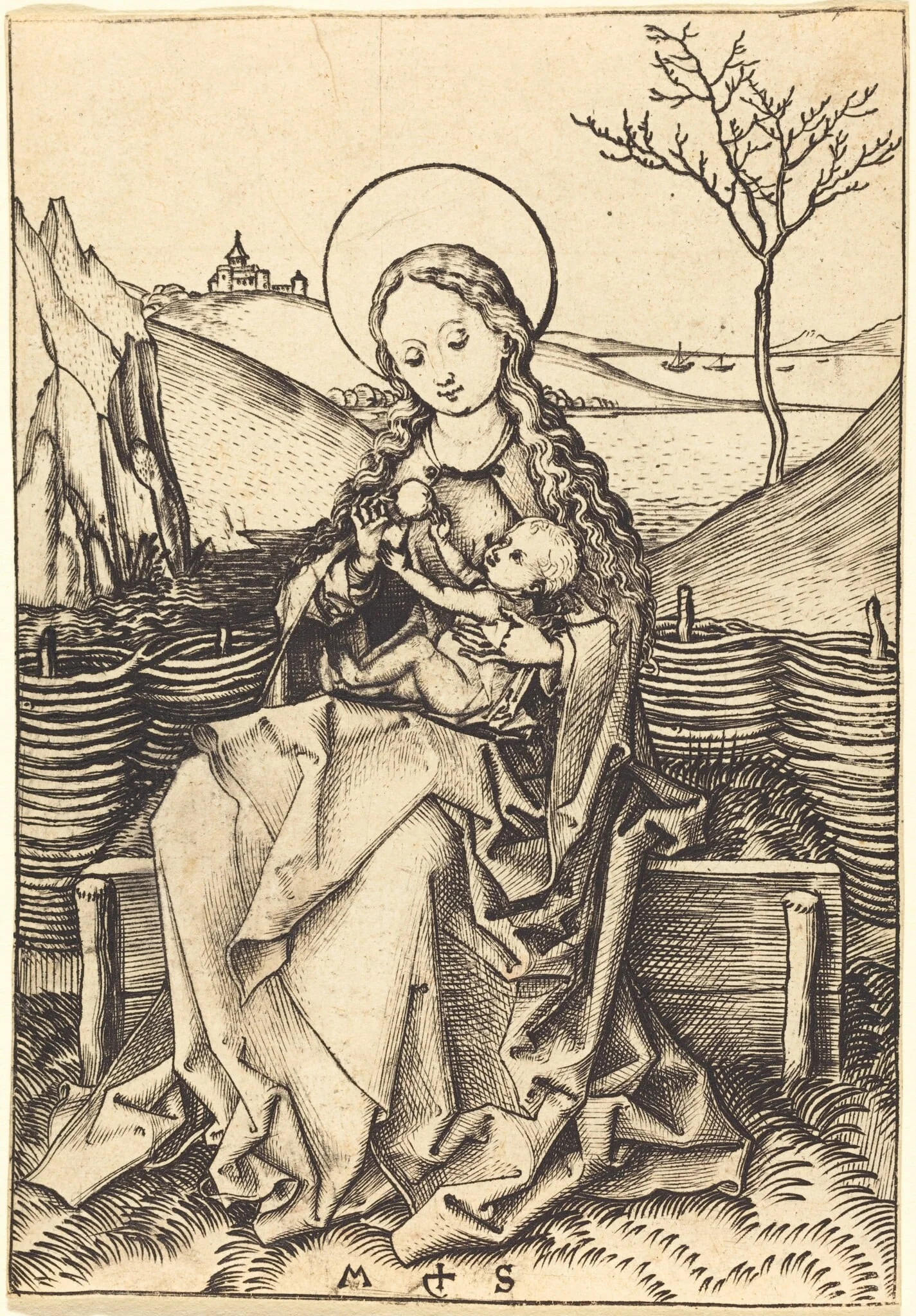 Virgin and Child on a Grassy Bench, by Martin Schongauer, ink, 1478