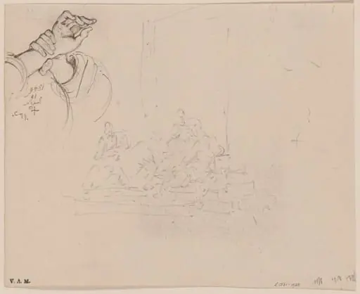 Clasped hands, and a sketch of Chinese figures