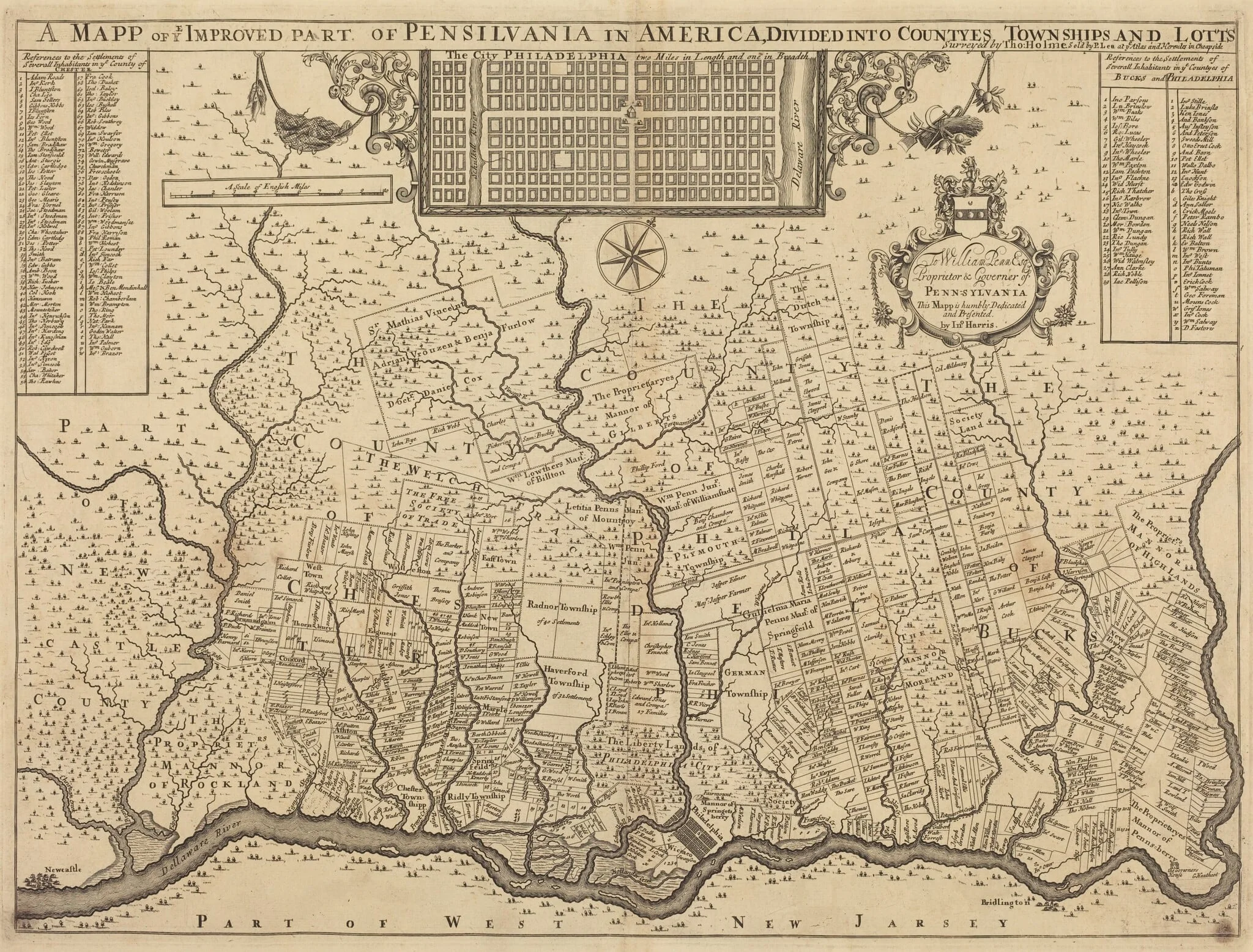 A mapp of ye improved part of Pensilvania in America, divided into countyes, townships and lotts, by Thomas Holme, ink, 1687