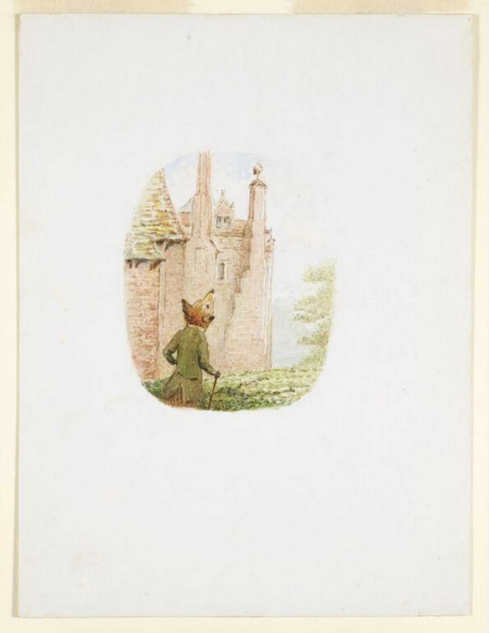 The fox looks up at the stork standing on top of a tower, by Beatrix Potter, watercolor, 1919