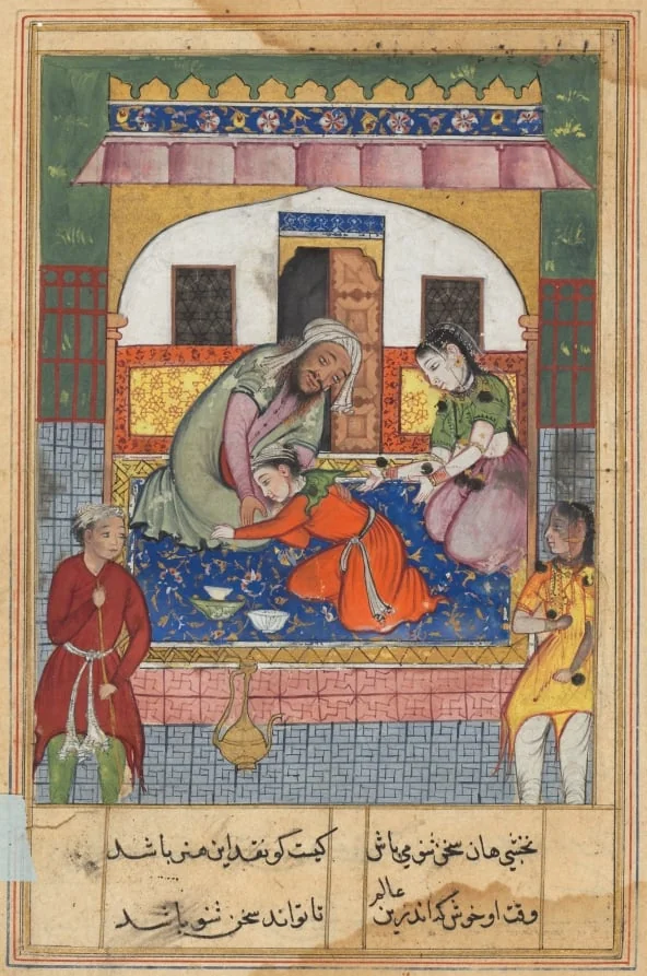 Repenting his conduct, ‘Ubaid falls at the feet of his parents, from a Tuti-nama (Tales of a Parrot): Forty-second Night, by Unknown, unspecified, 1560