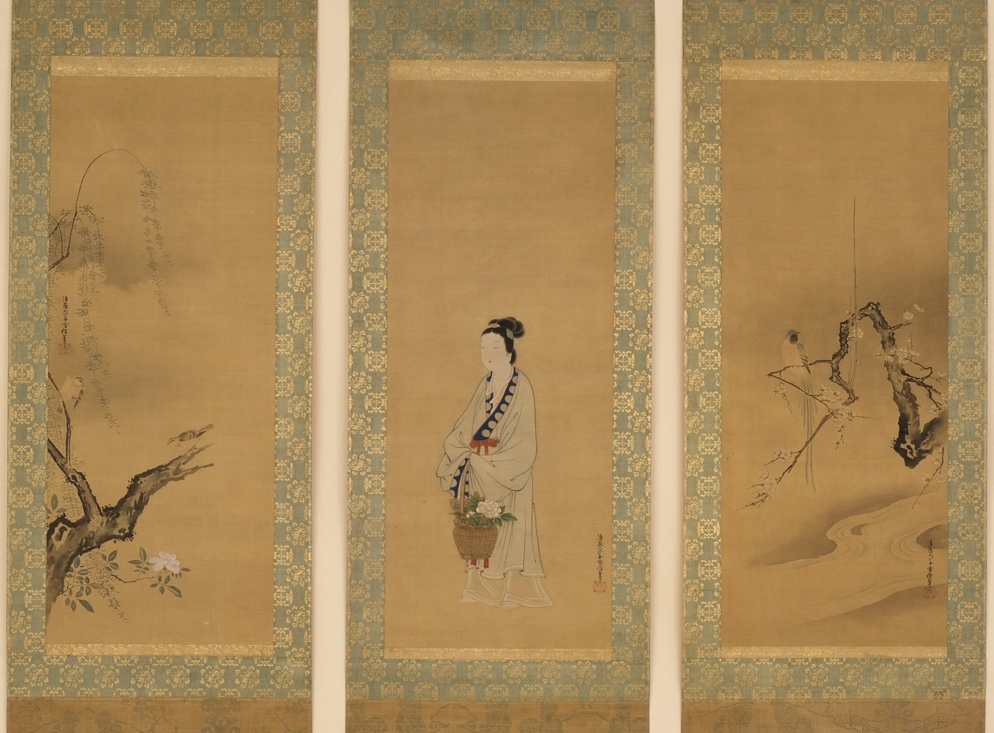 Reishō: Paragon of Filiel Piety; Chinese Blue Magpie with Flowering Plum; Sparrows, Willow, and Rose, by Kiyohara Yukinobu, unspecified, 1650
