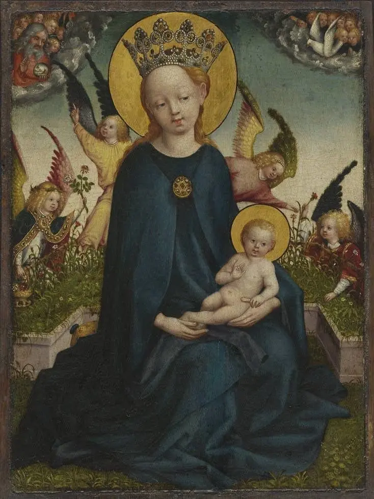 Mary with the Christ-child next to a plant trough