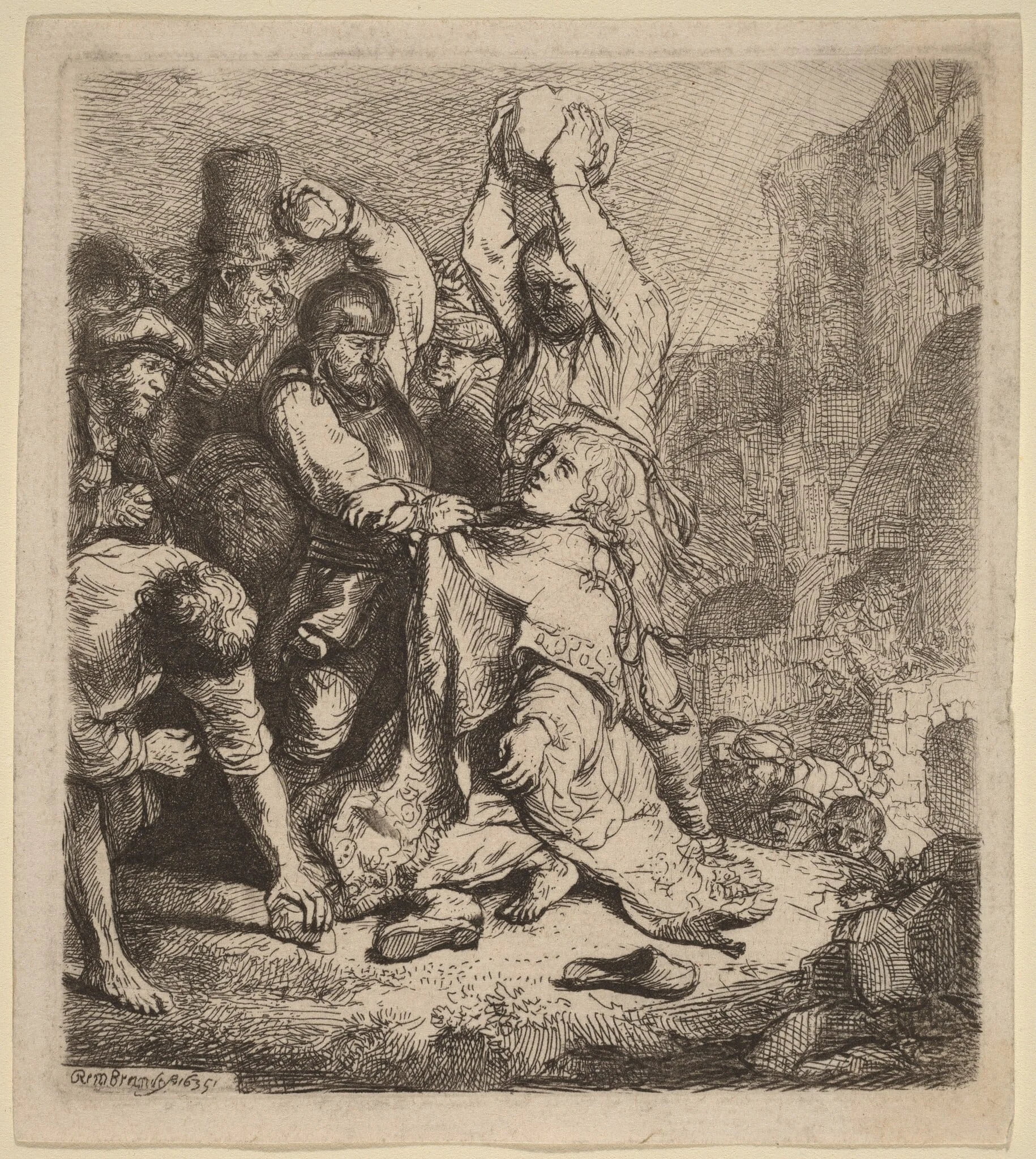 The Stoning of Saint Stephen, by Rembrandt, ink, 1635