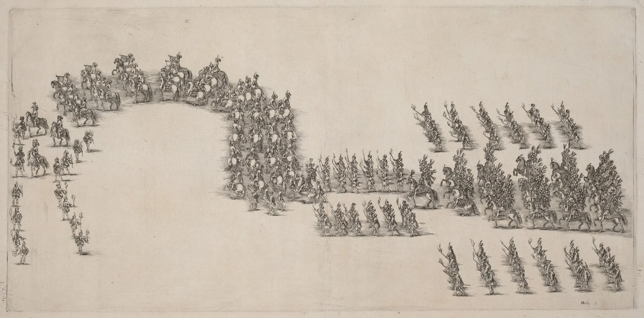 A Procession of Sixty Cavaliers and Torch Bearers, by Stefano Della Bella, ink, 1652