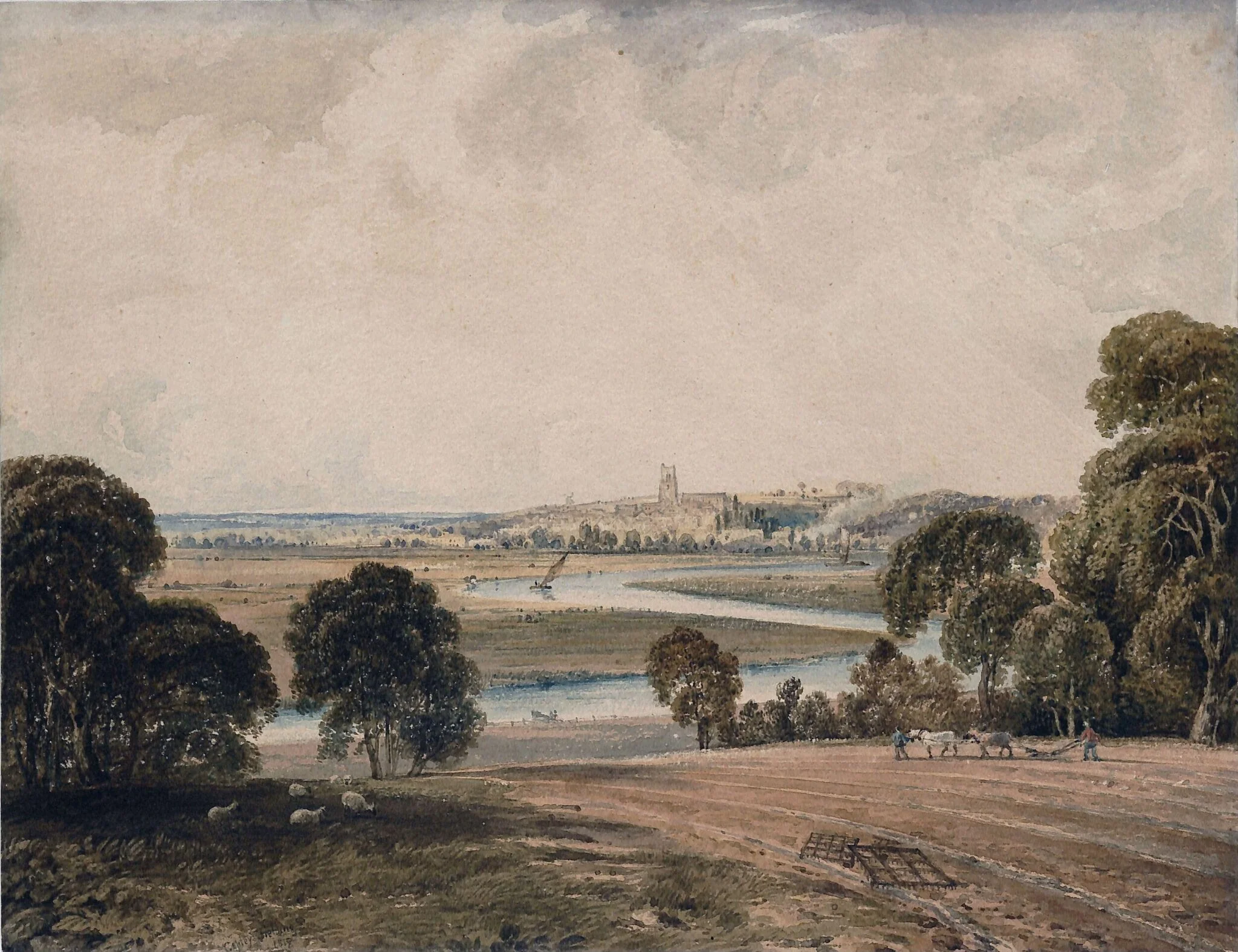 Landscape with winding river, by Copley Fielding, watercolor, 1819