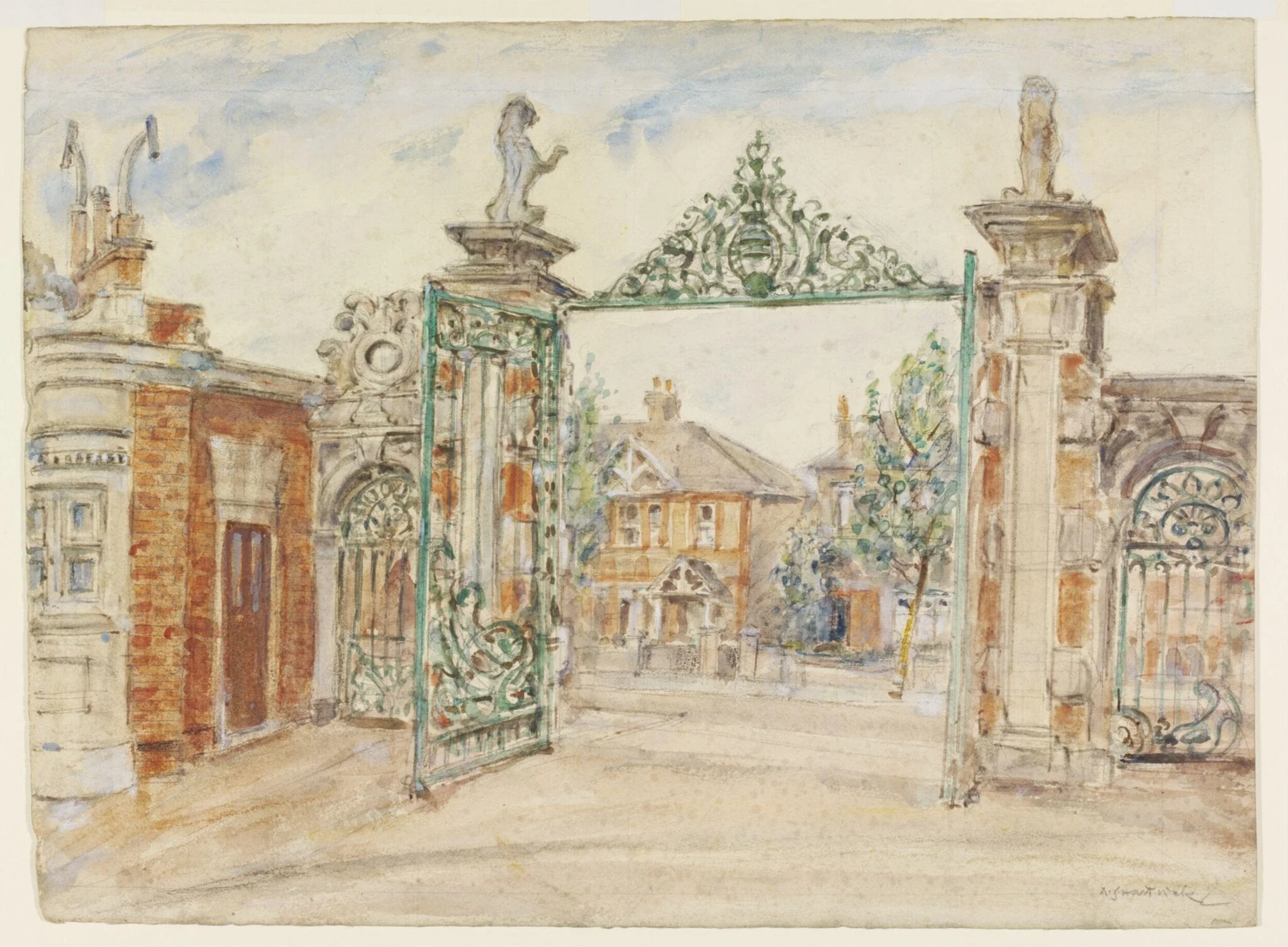 The Gateway, Boston Manor Park, Brentford., by Archibald Standish Hartrick, watercolor, 1940