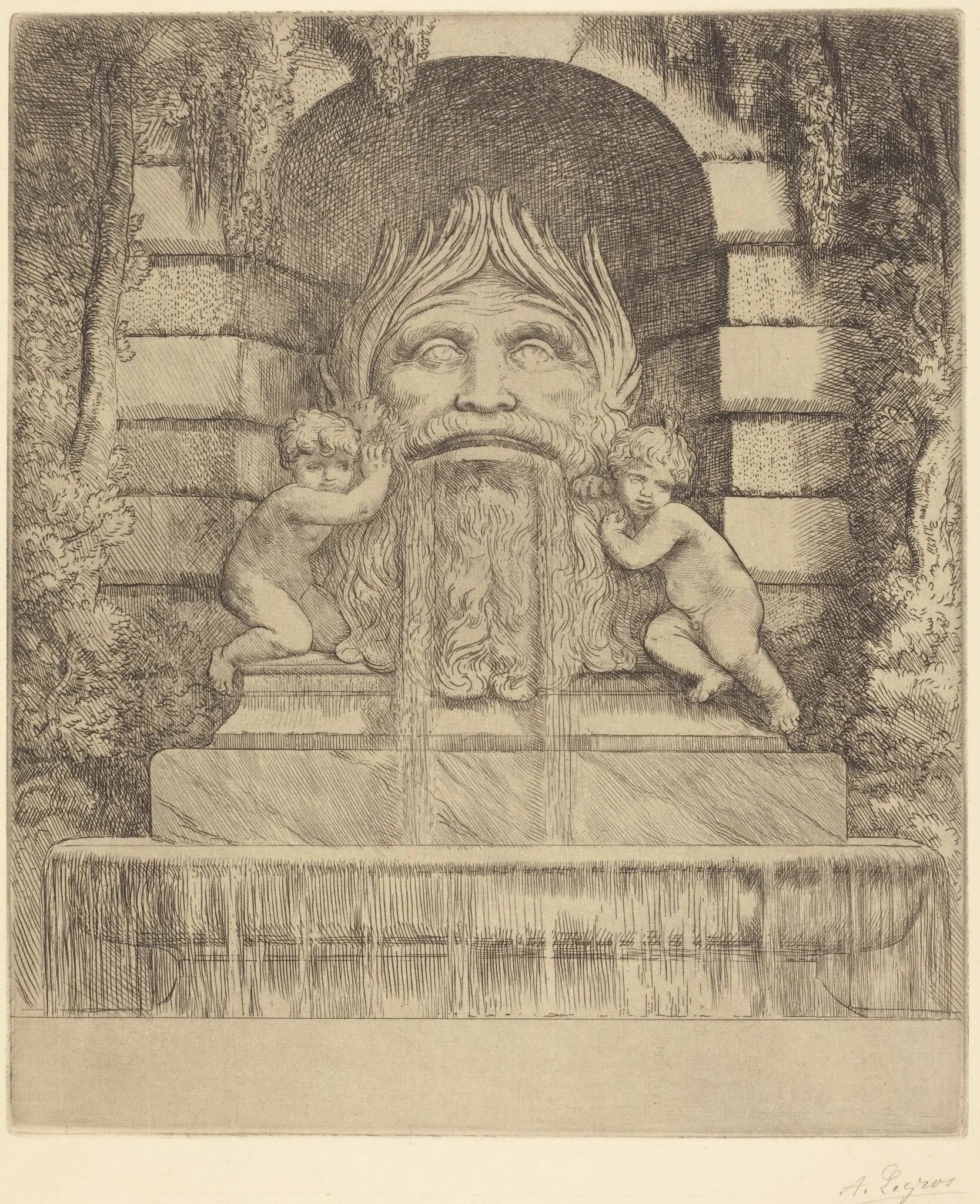 Fountain: Grotesque, Children and Basin (Une fountaine: Masque, enfants et bassin), by Alphonse Legros, ink, 1874