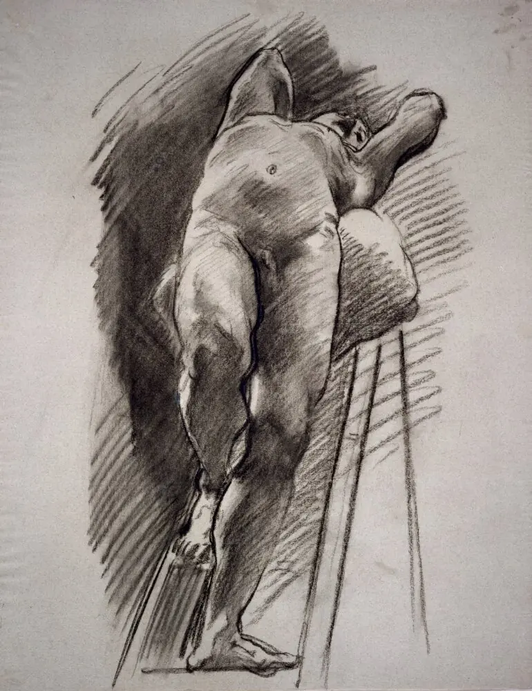Male Nude Leaning Back on a Ladder