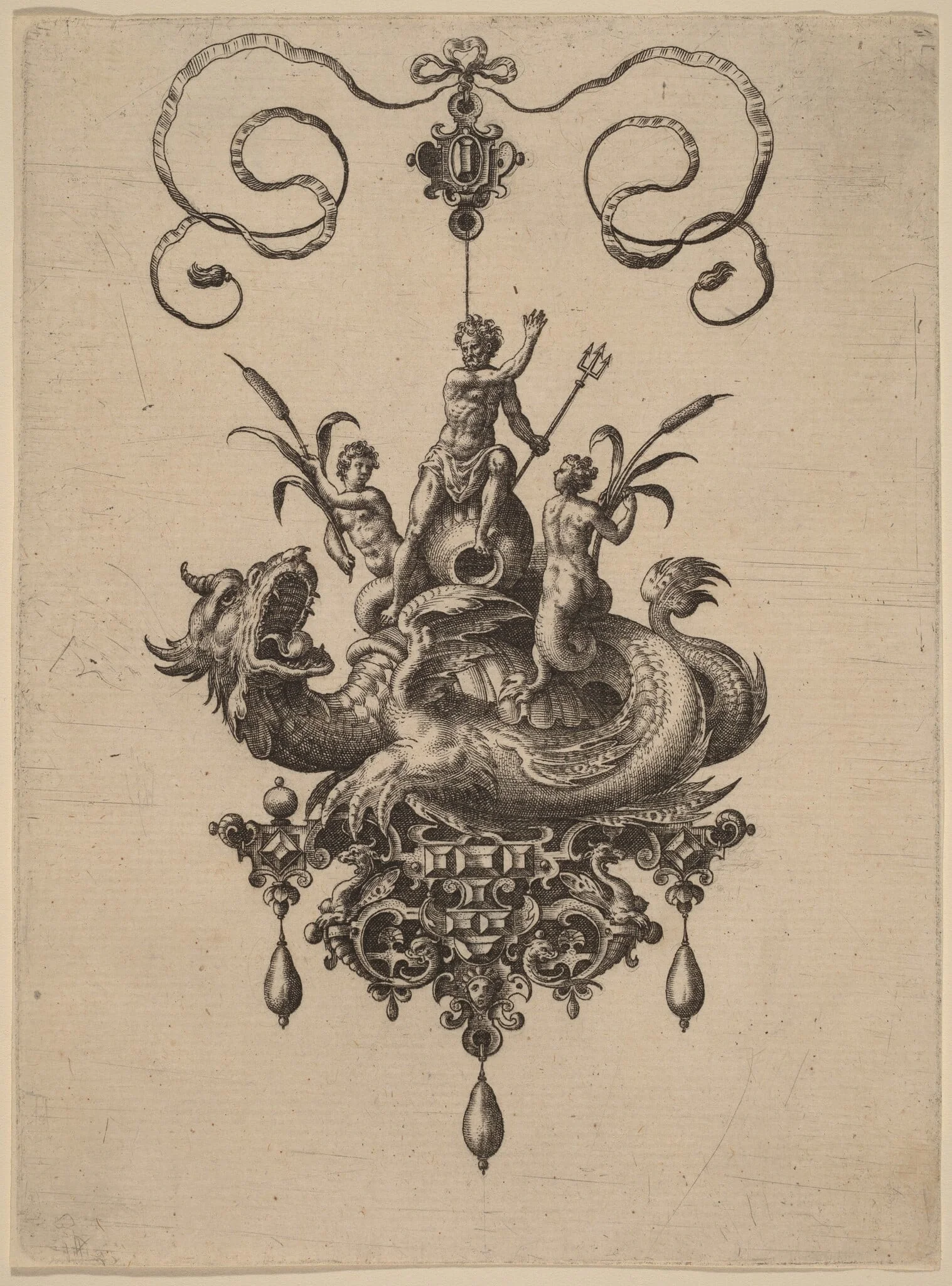 Design for a Pendant with a Sea-Monster Carrying Neptune Flanked by Two Nereids, by Adriaen Collaert, ink, 1582
