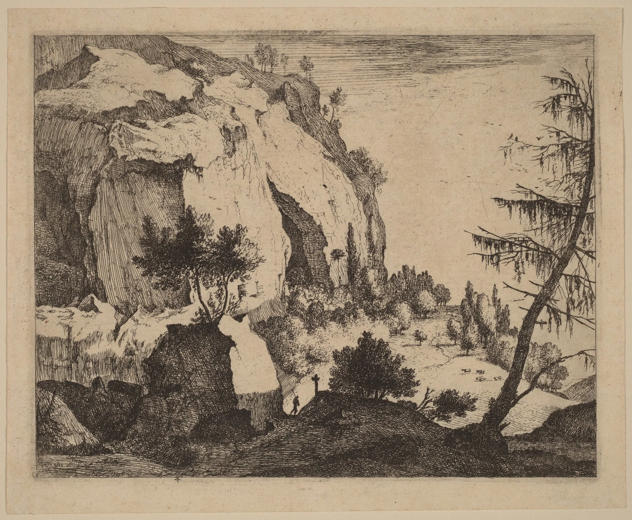 Rocky Landscape with Fir: pl.4, by Melchior Küsel, ink, 1660