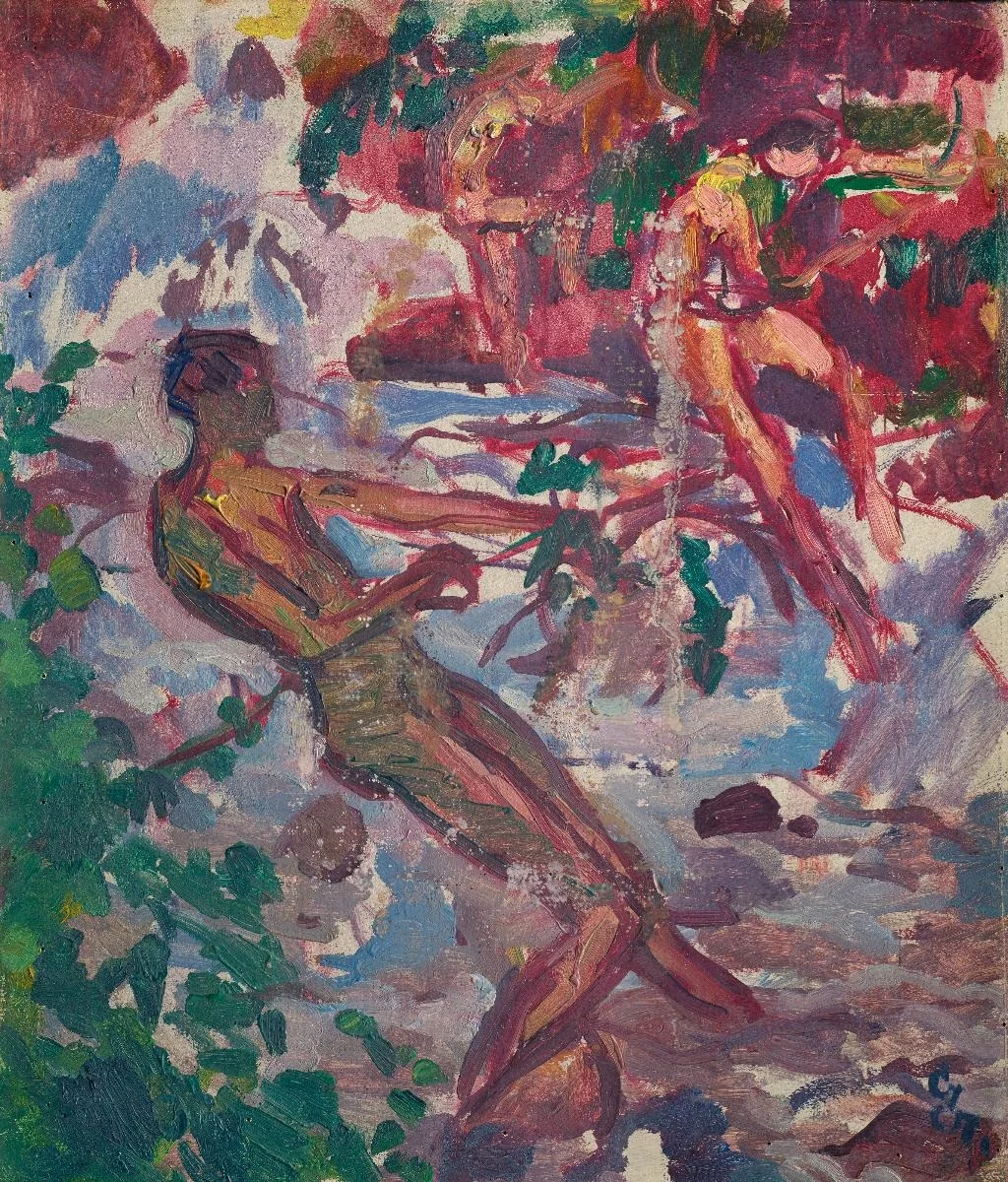 Badende im Bergbach bei Daganece. (Studie), by Giovanni Giacometti, oil, 1928