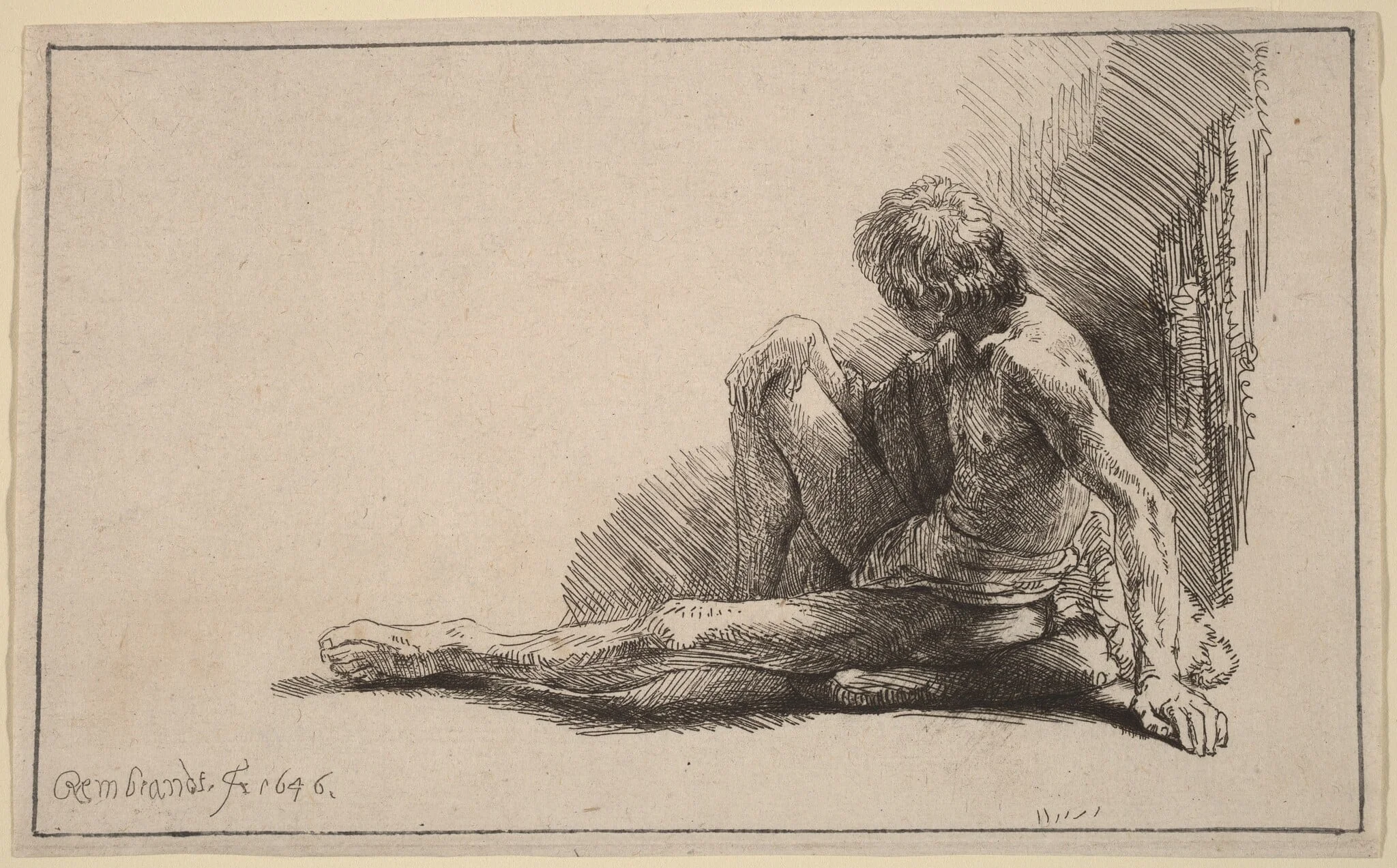 Nude Man Seated on the Ground with One Leg Extended, by Rembrandt, ink, 1646